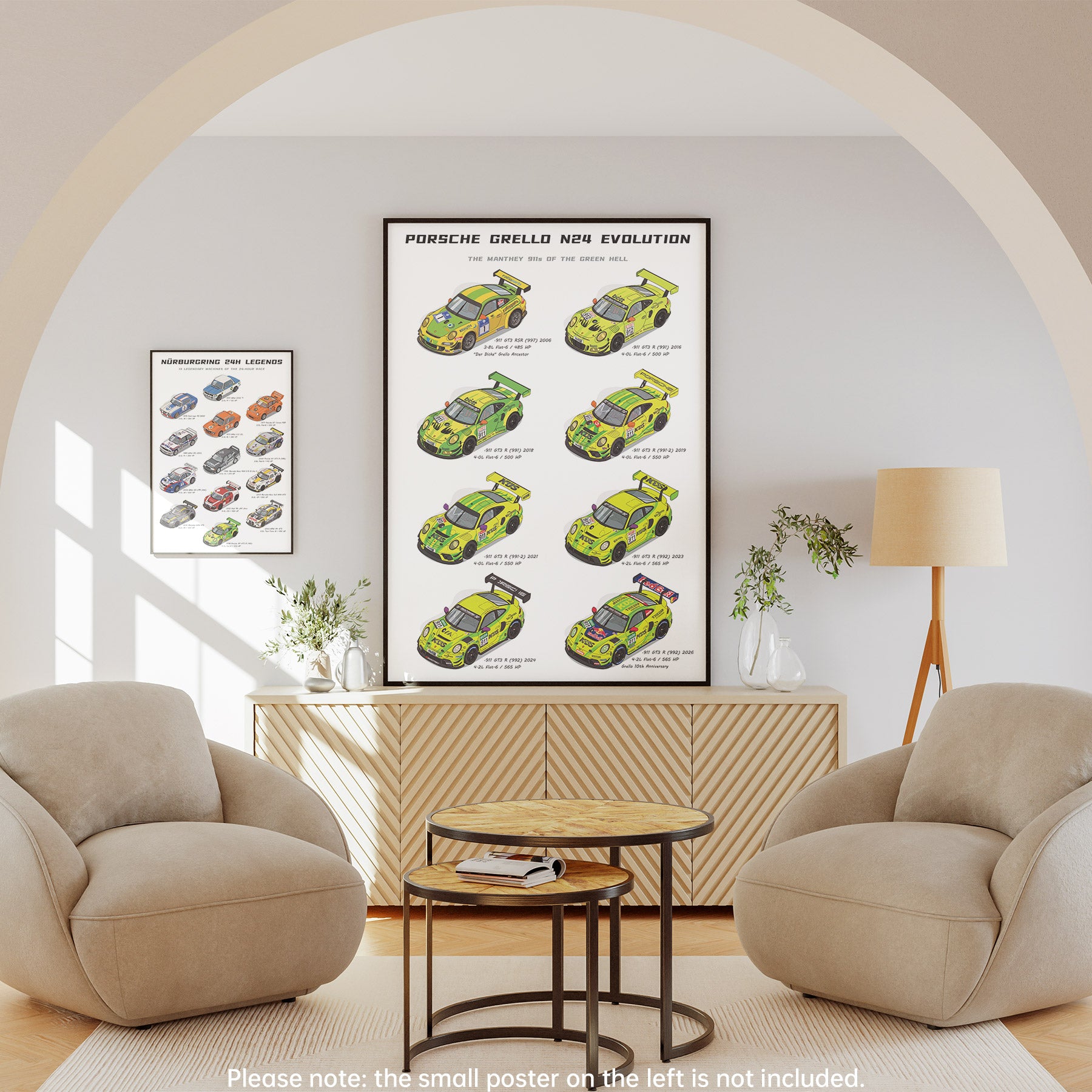 A framed vertical poster showing the evolution of the Porsche Grello N24 Evolution, styled in a modern living room setting with beige armchairs, a wooden console, and a floor lamp.