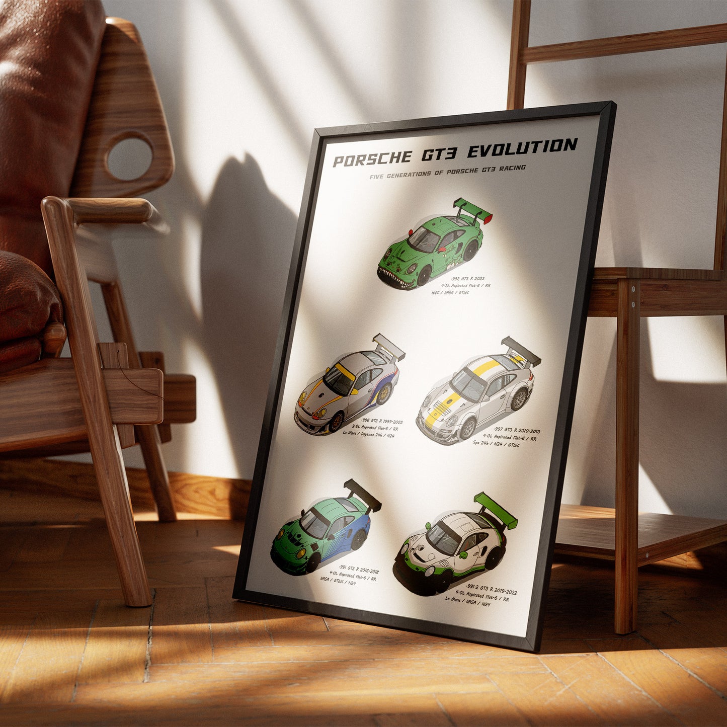 A framed poster titled 'PORSCHE GT3 EVOLUTION' leaning against a wooden chair in a sunlit room with wood floors and a white wall.
