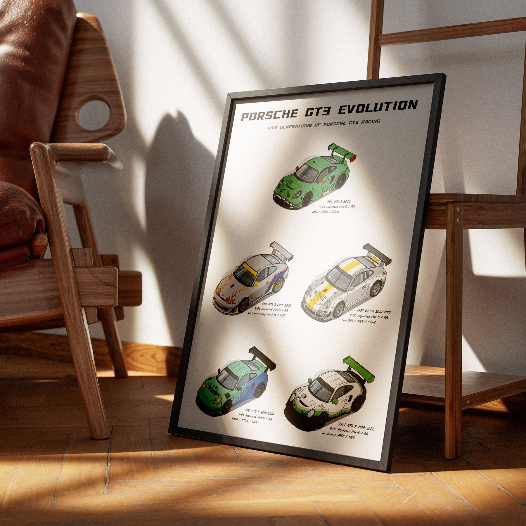 A framed poster titled 'PORSCHE GT3 EVOLUTION' leaning against a wooden chair in a sunlit room with wood floors and a white wall.