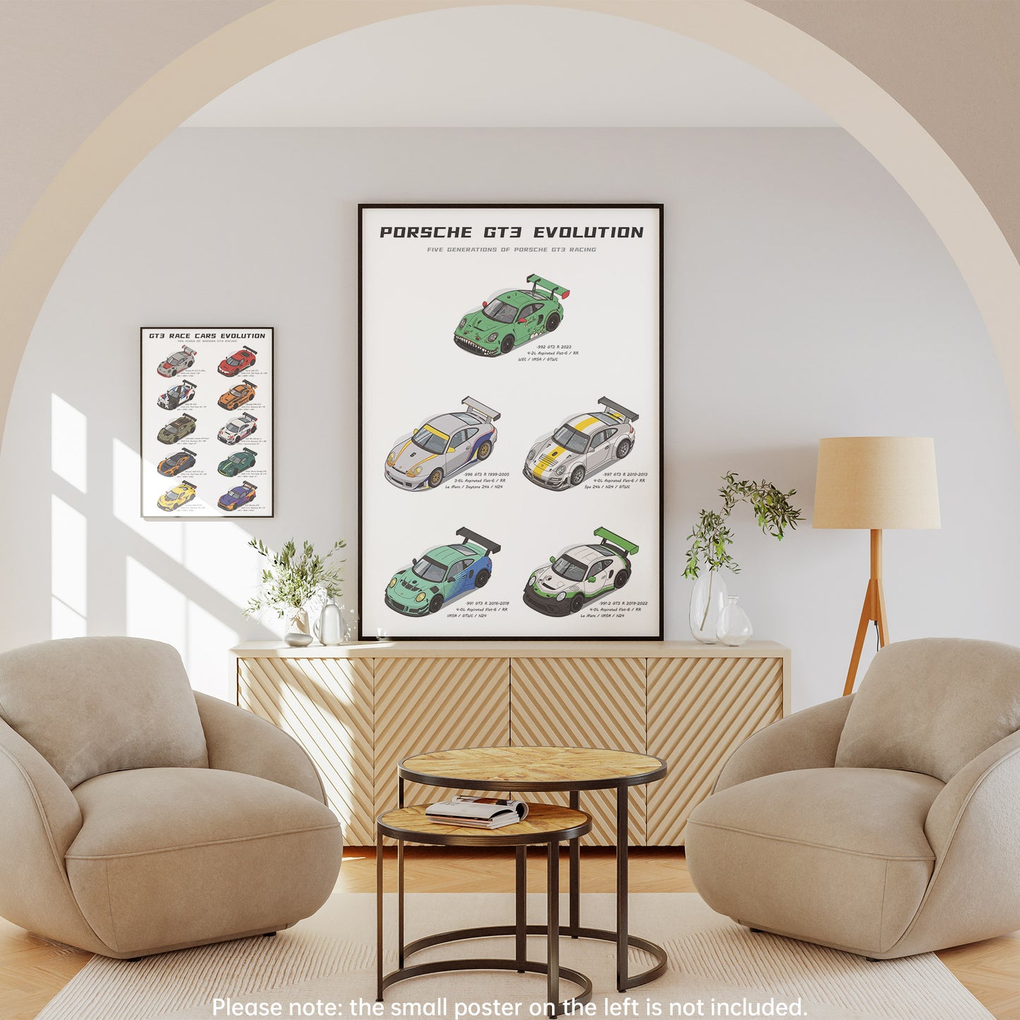 A framed Porsche GT3 Evolution poster is displayed in a modern living room setting, mounted on a light gray wall above a wooden credenza between two beige armchairs.