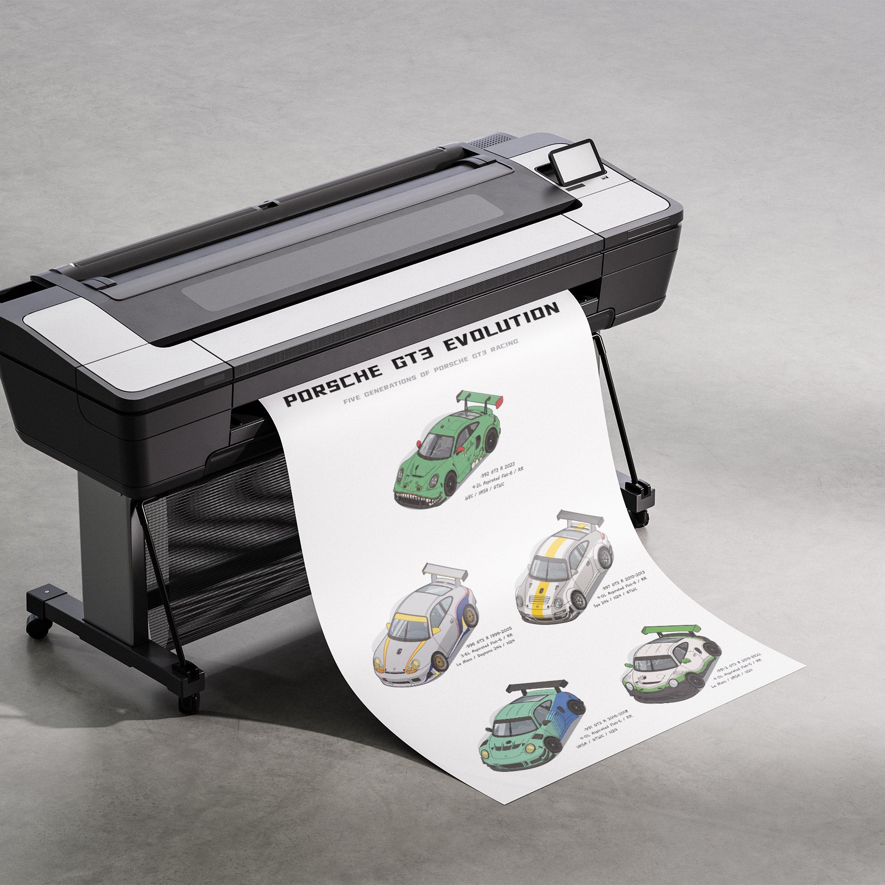 A large black and white desktop printer on a gray stand, printing a white sheet that displays illustrated Porsche GT3 evolution race cars with text.