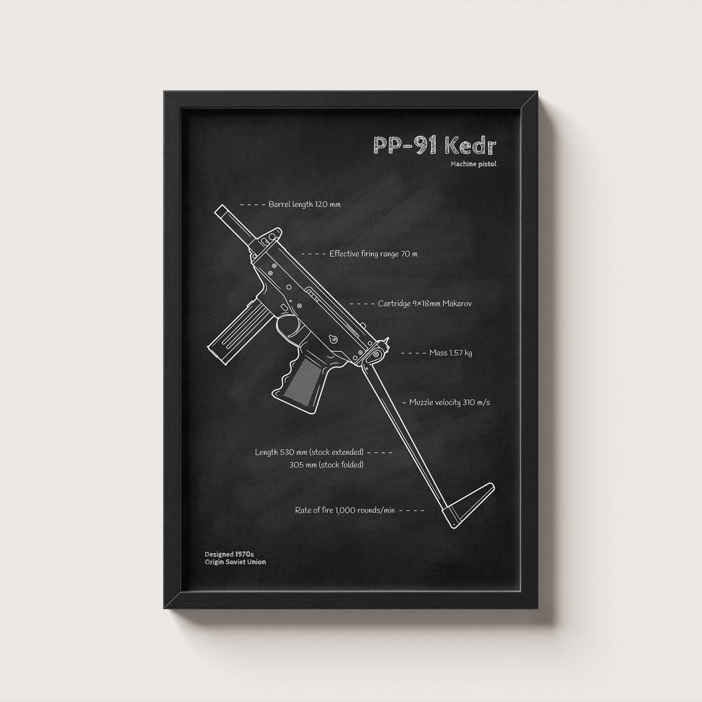Framed PP-91 Kedr blueprint poster - minimalist firearm wall art hanging on wall