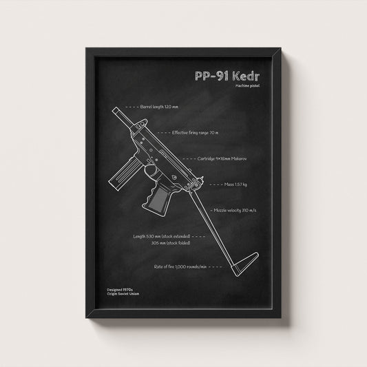 Framed PP-91 Kedr blueprint poster - minimalist firearm wall art hanging on wall