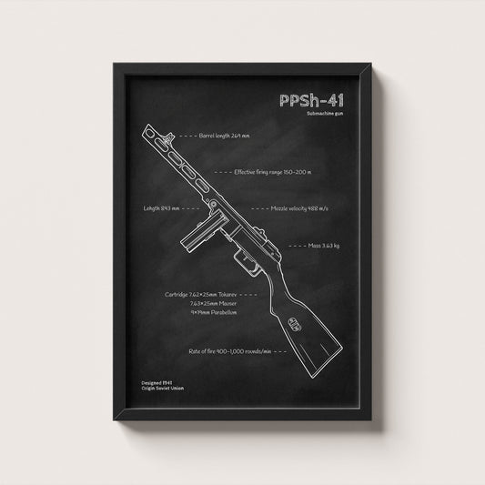 Framed PPSh-41 Submachine gun blueprint poster - minimalist firearm wall art hanging on wall