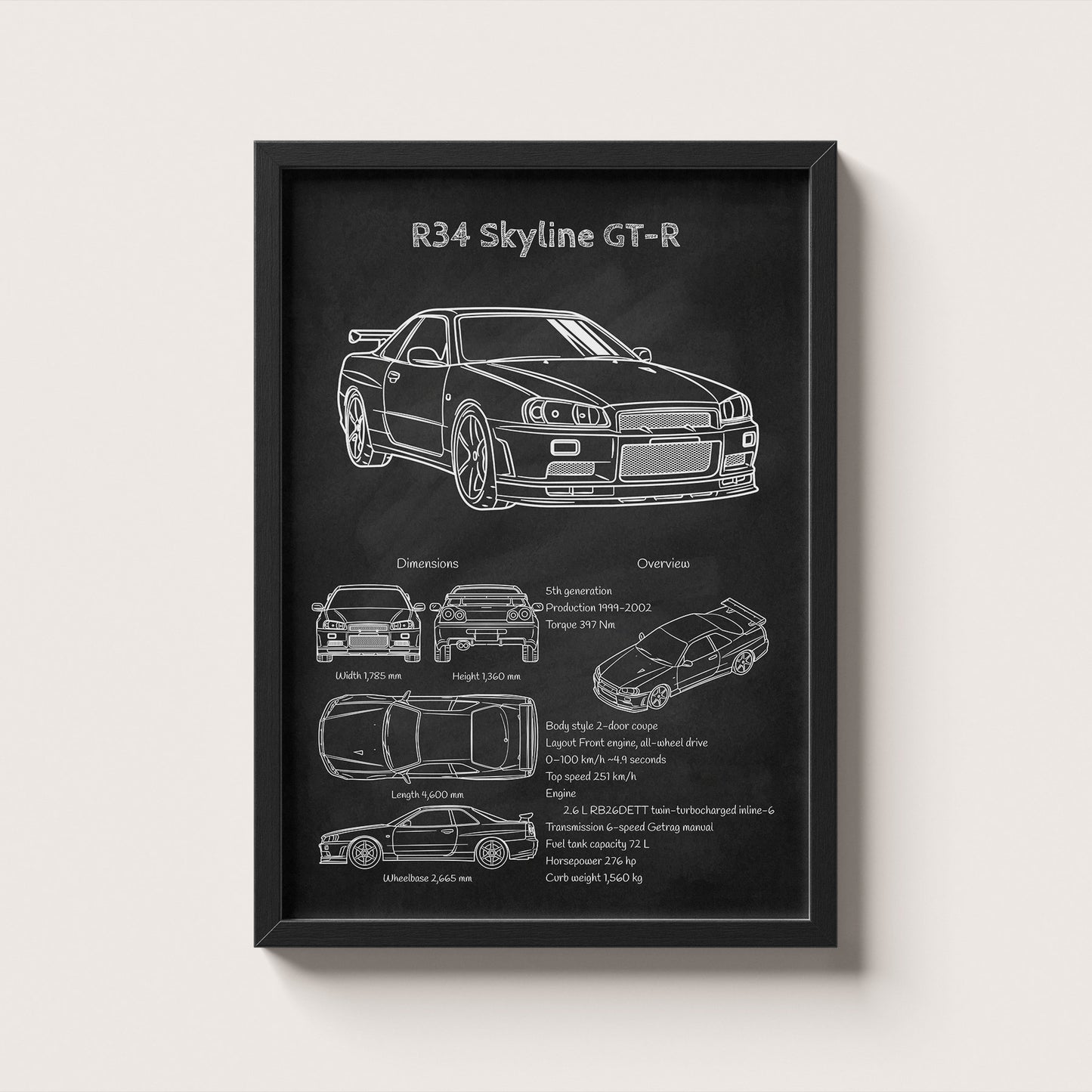 Framed poster of a Nissan R34 Skyline GT-R with technical drawings on a black background.