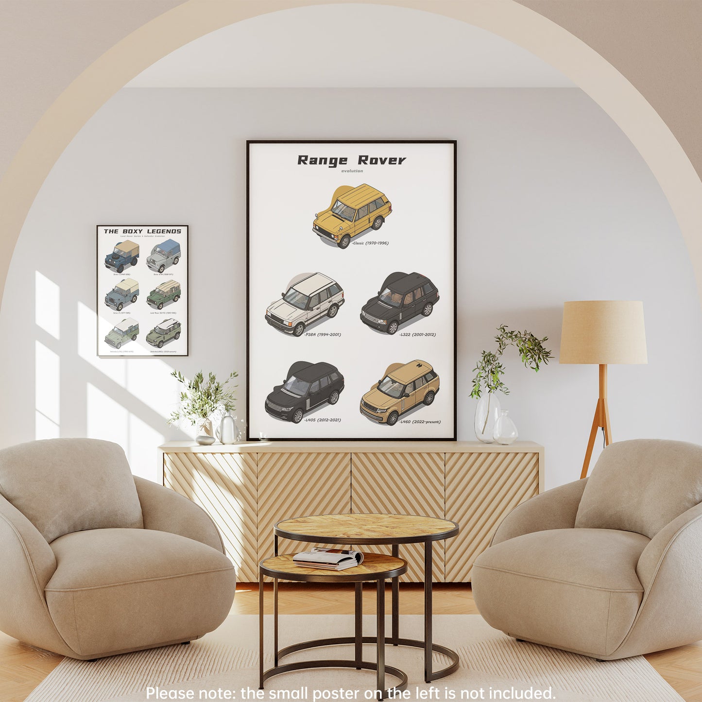 Living room with a 'Range Rover Evolution' poster on the wall, beige armchairs, and a coffee table.