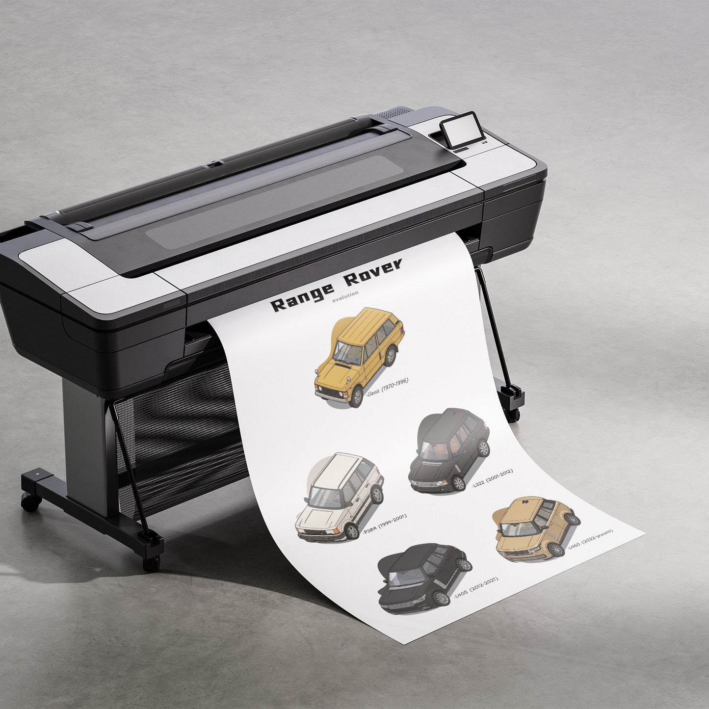 Large format printer with a printed sheet featuring Range Rover Evolution on a gray background