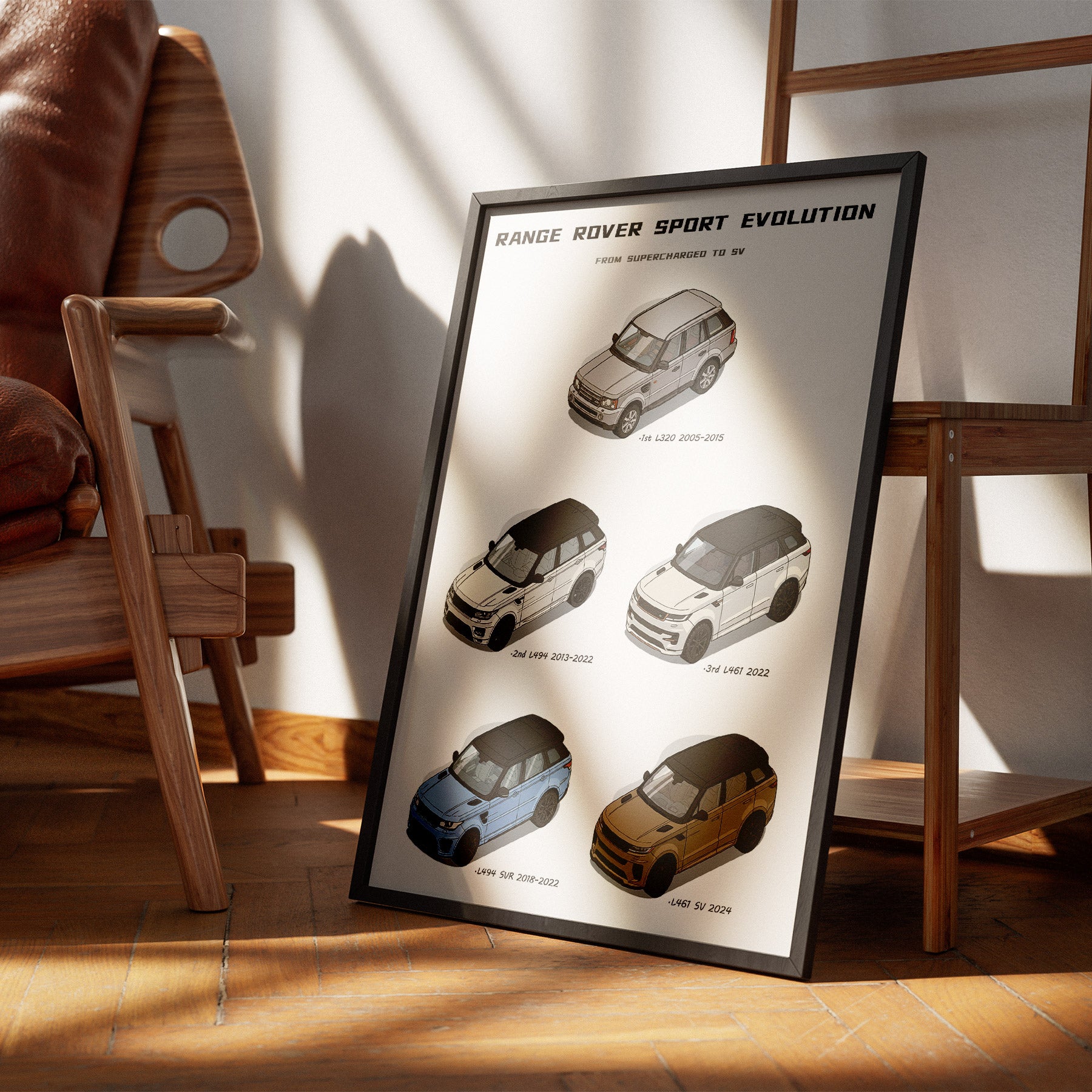 A framed car poster titled 'RANGE ROVER SPORT EVOLUTION' leaning against a wall on a wooden floor, surrounded by a brown leather chair and wooden furniture in a sunlit room.
