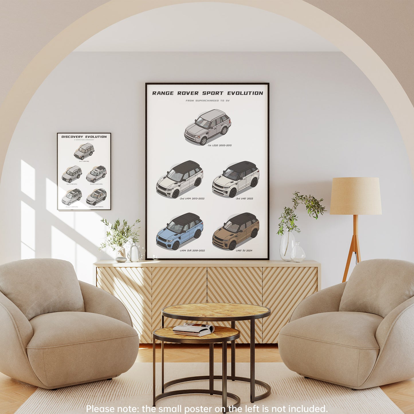 A framed wall poster showing the evolution of Range Rover Sport models hangs in a modern living room setting with two beige armchairs, a wooden cabinet, and a floor lamp.