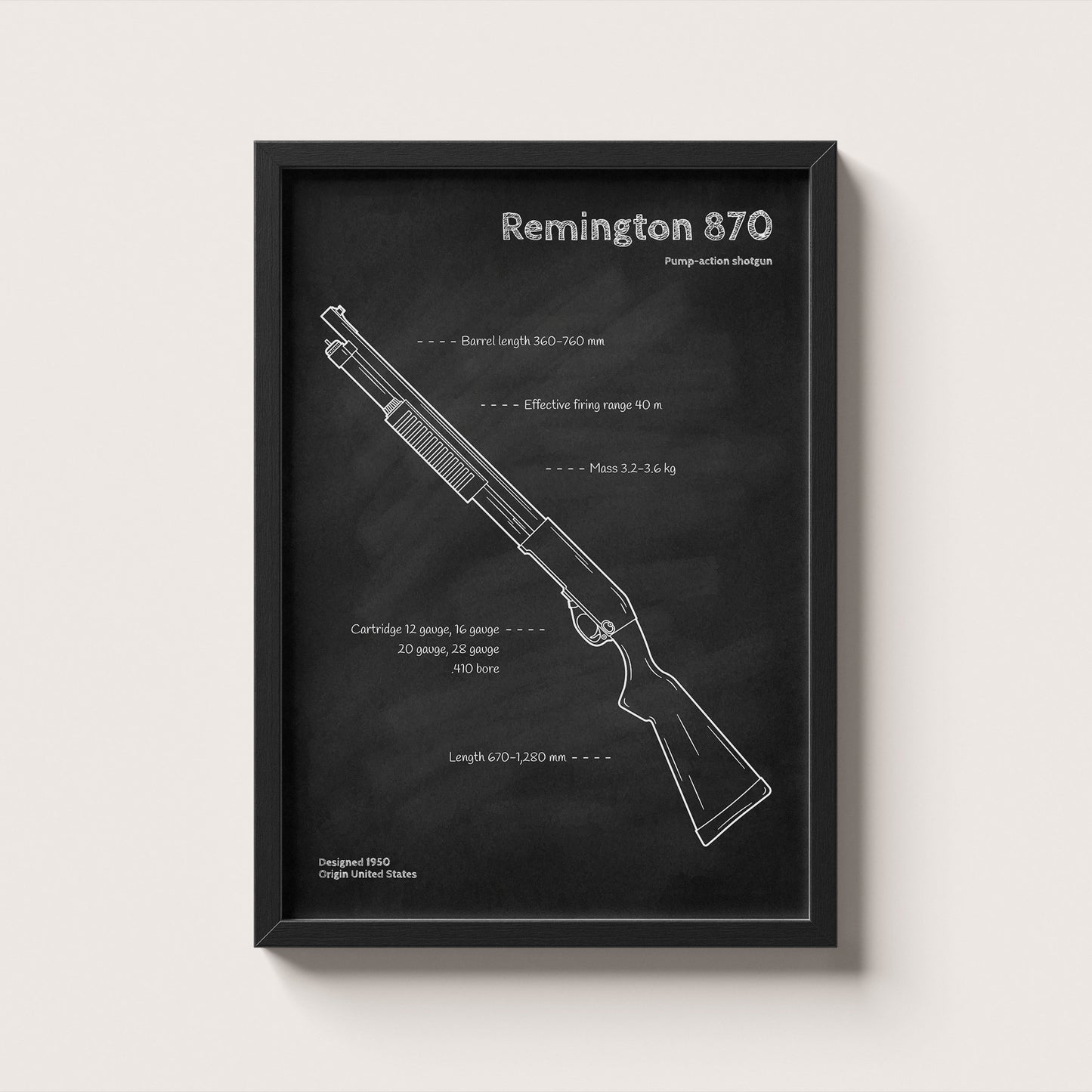 Framed Remington 870 shotgun blueprint poster - minimalist firearm wall art hanging on wall