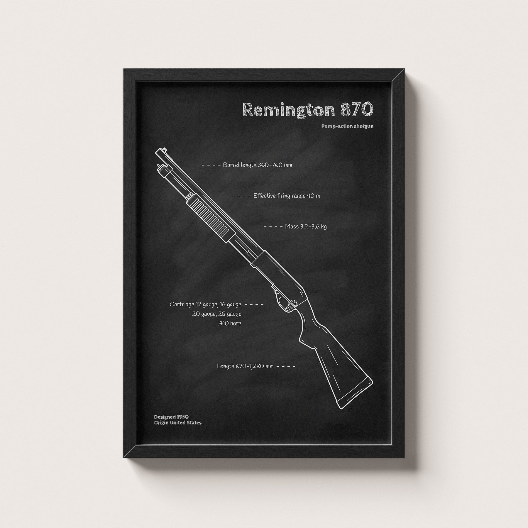 Framed Remington 870 shotgun blueprint poster - minimalist firearm wall art hanging on wall