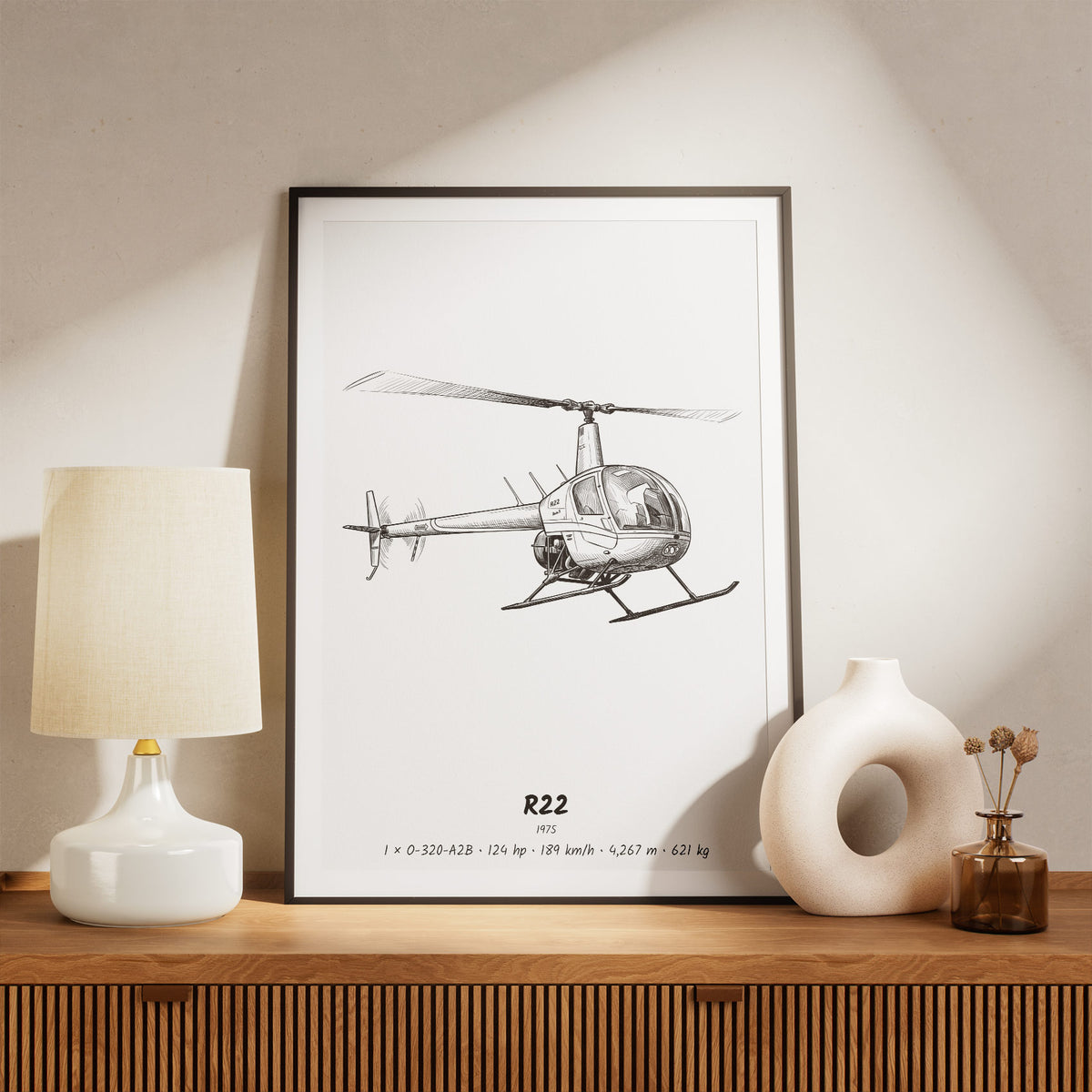 Framed Robinson R22 Print on a Shelf