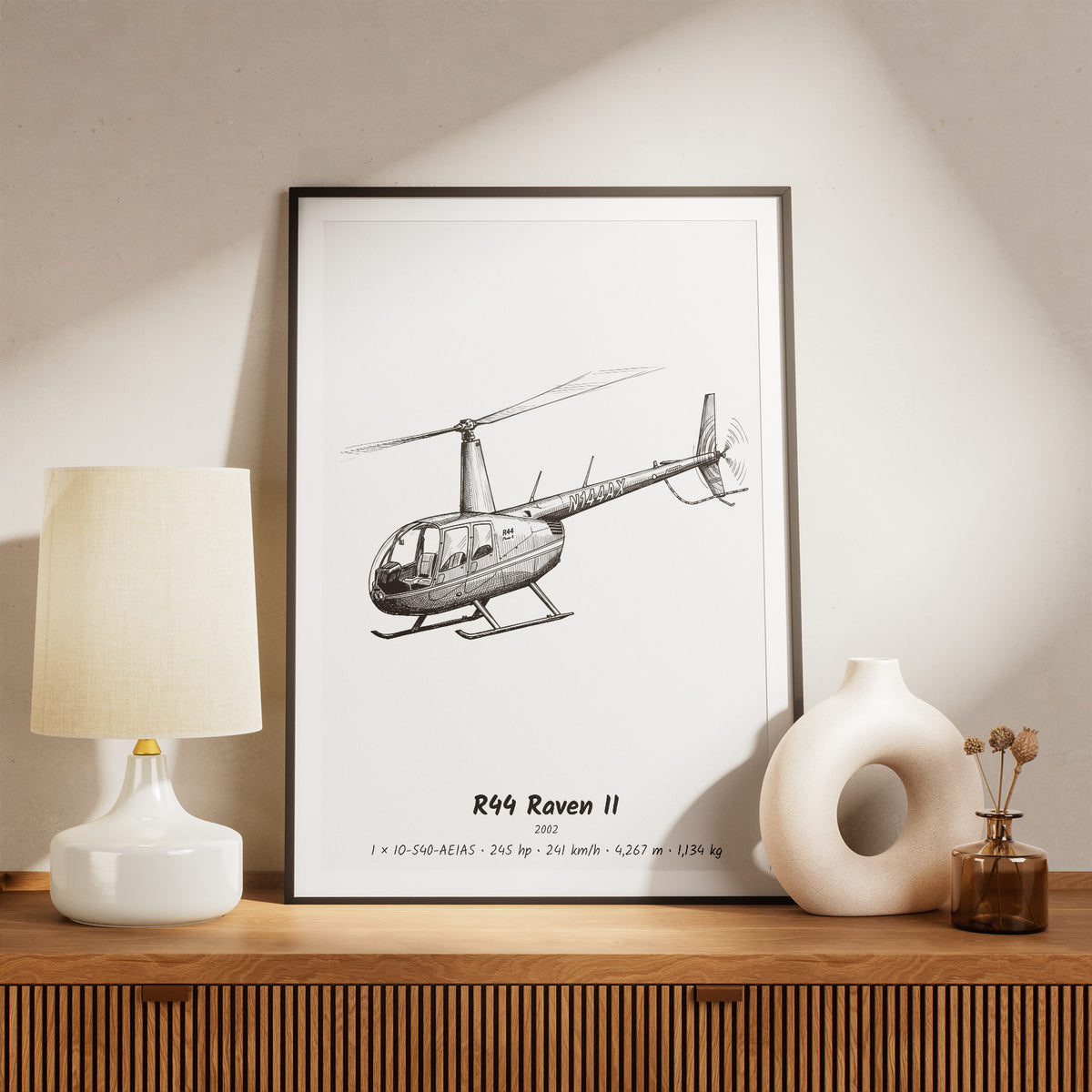 Framed Robinson R44 Raven II Print on a Shelf