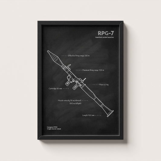 Framed RPG-7 rocket launcher blueprint poster - minimalist firearm wall art hanging on wall