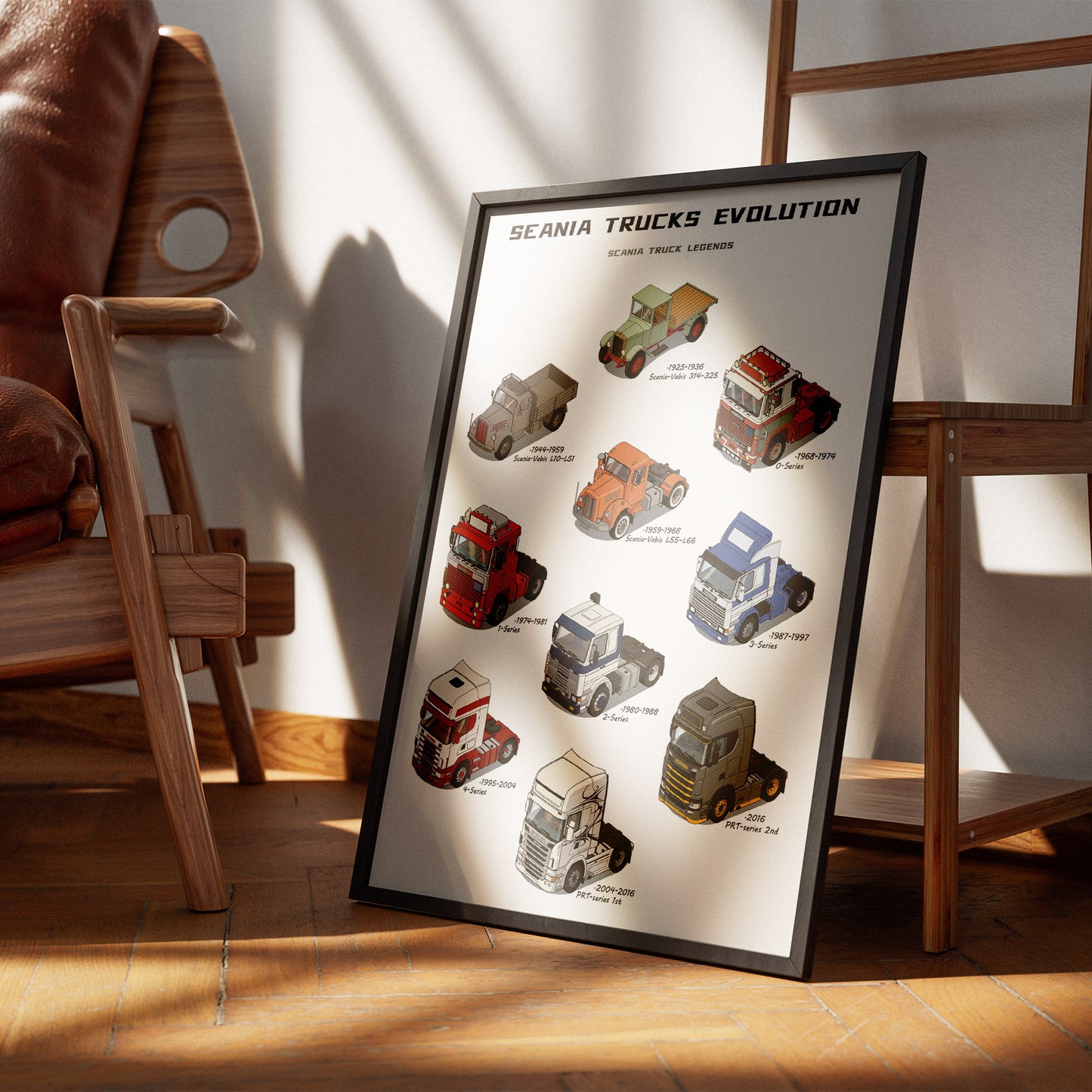 A framed poster titled 'Scania Trucks Evolution' leaning against a wall on a wooden floor in a sunlit room, with vintage semi-truck illustrations arranged in a grid. A wooden chair is visible on the left, and warm sunlight casts shadows across the wall and floor.