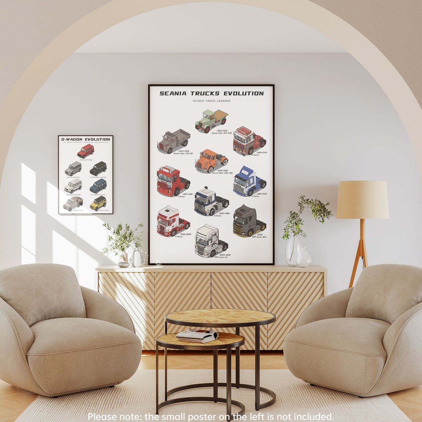 A framed poster titled 'Scania Trucks Evolution' hangs on a light gray wall in a modern living room setting with two beige armchairs, a wooden sideboard, a floor lamp, and a small round table. The room is styled to show the poster in context, and a note at the bottom says the small poster on the left is not included.