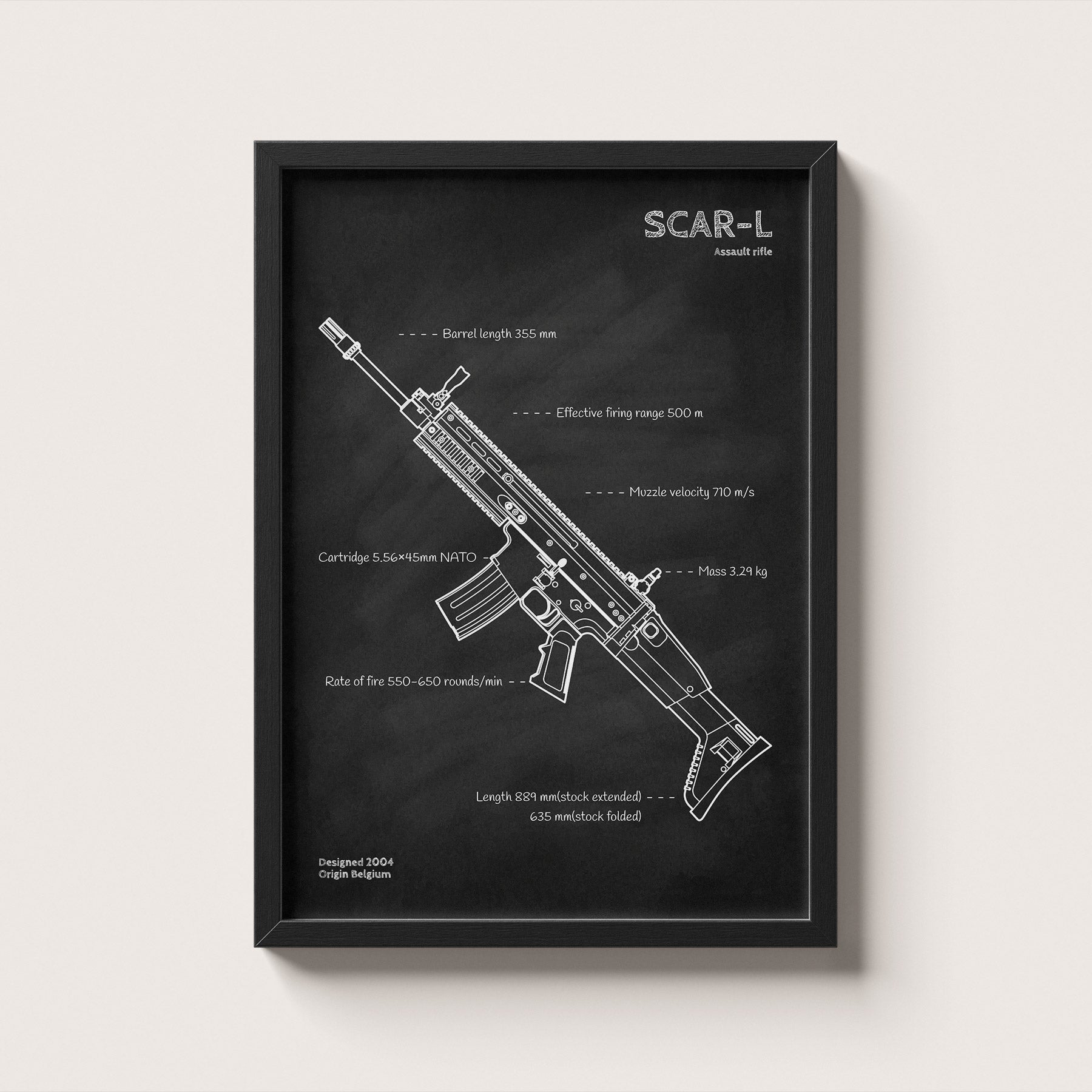 Framed poster of a SCAR-L assault rifle design on a black background