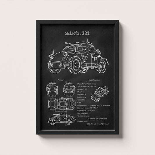 Framed Sd.Kfz. 222 car blueprint poster hanging on wall – military wall art for home or office