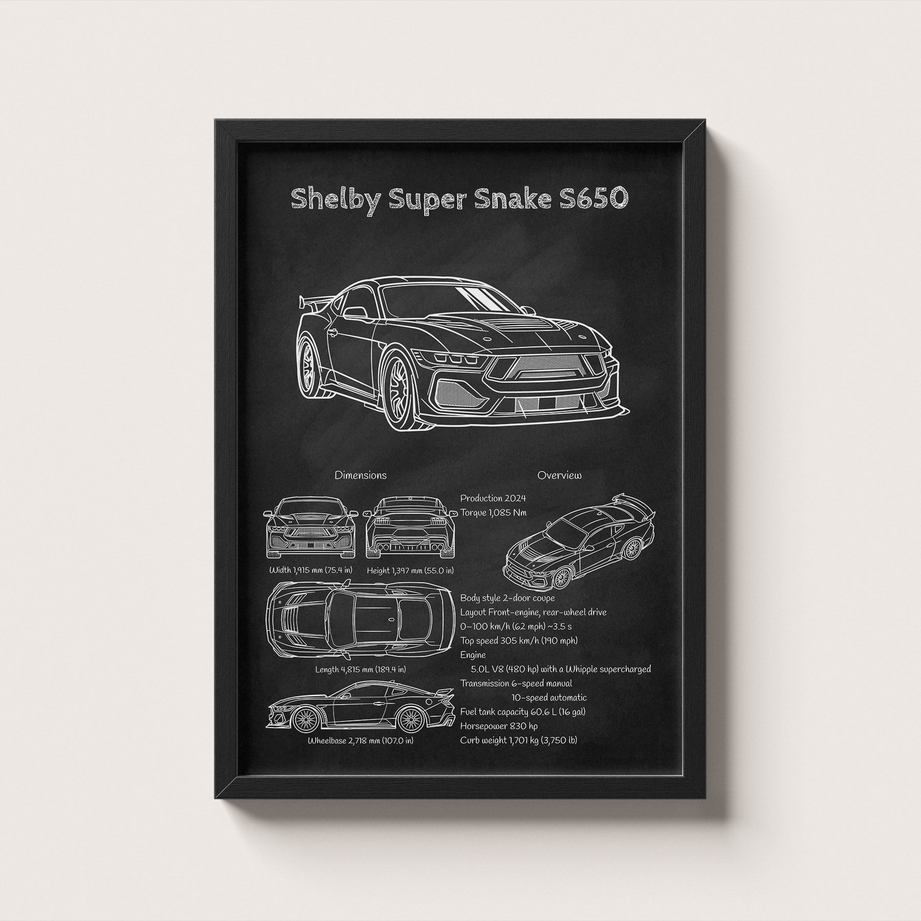 Framed poster of a Shelby Super Snake S650 car design on a white background
