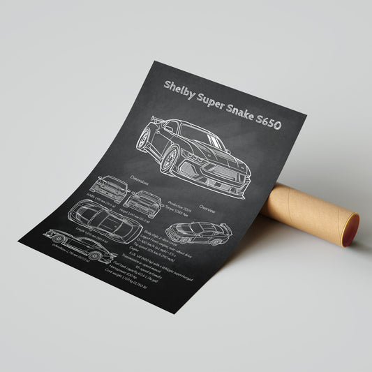 Car blueprint of Shelby Super Snake S650 on a black paper roll against a gray background