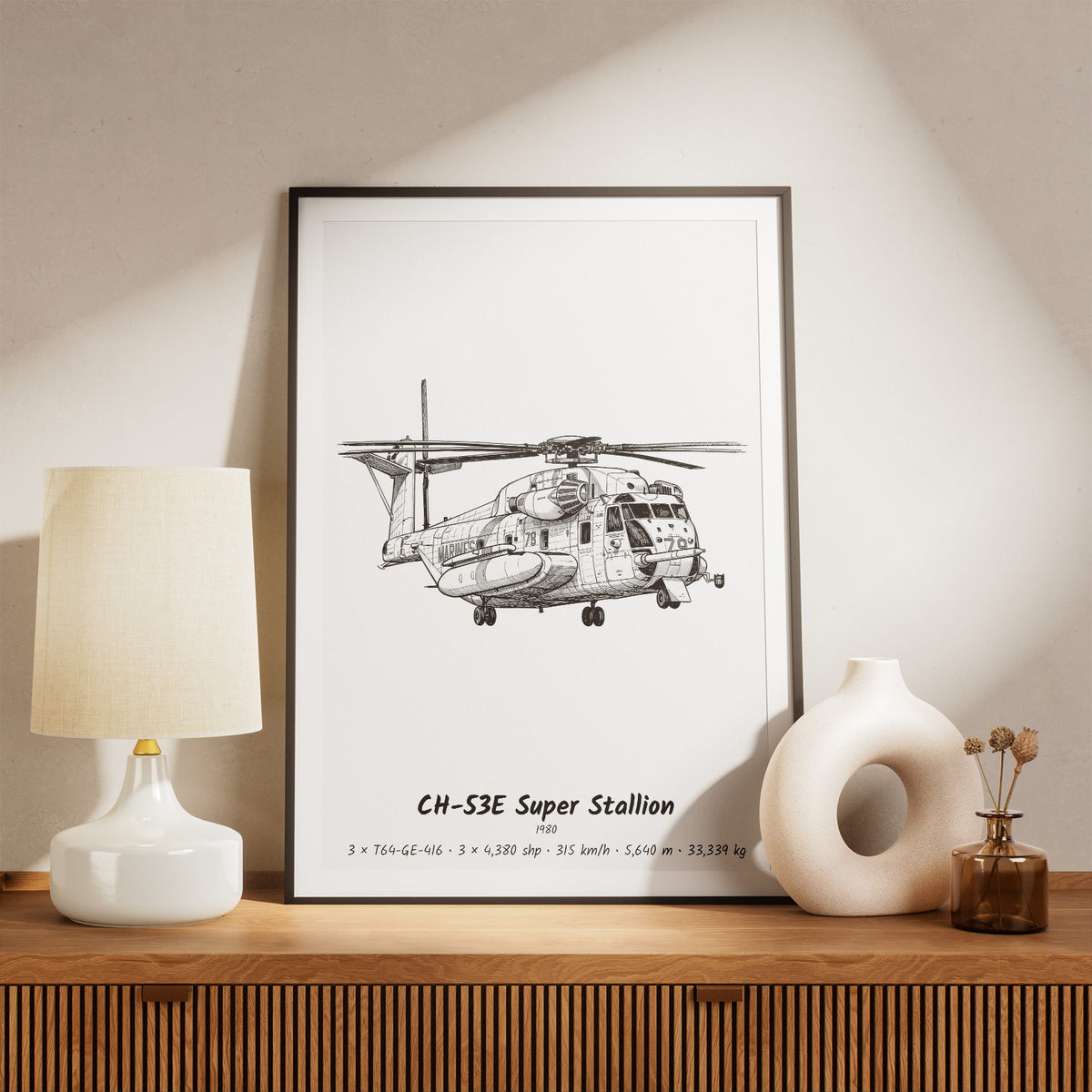 Framed CH-53E Super Stallion Print on a Shelf