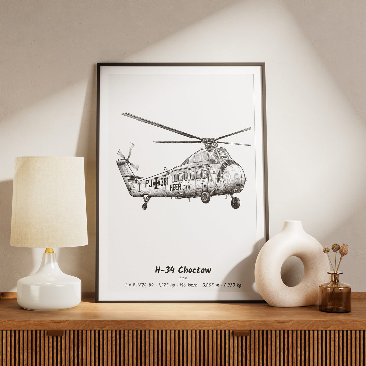Framed Sikorsky H-34 Choctaw Print on a Shelf
