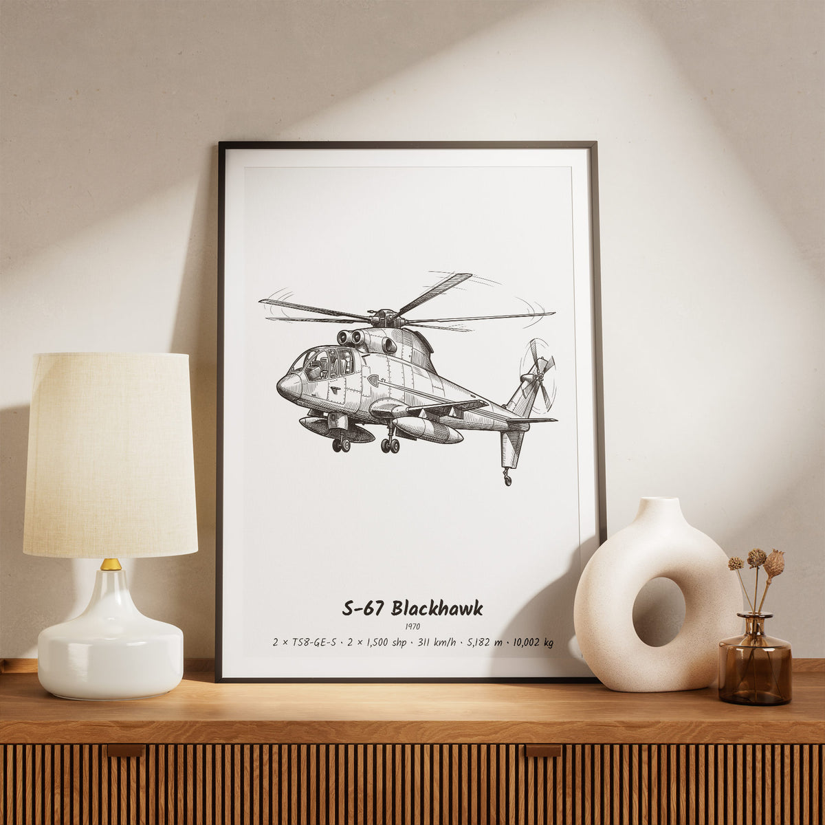 Framed Sikorsky S-67 Blackhawk Print on a Shelf