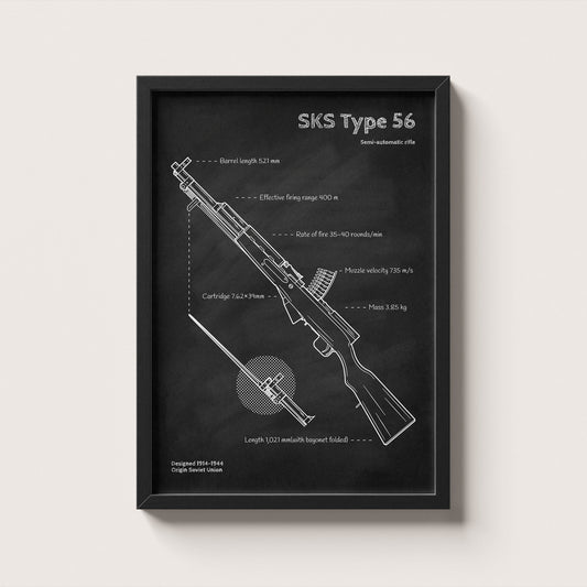 Framed SKS Type 56 rifle blueprint poster - minimalist firearm wall art hanging on wall