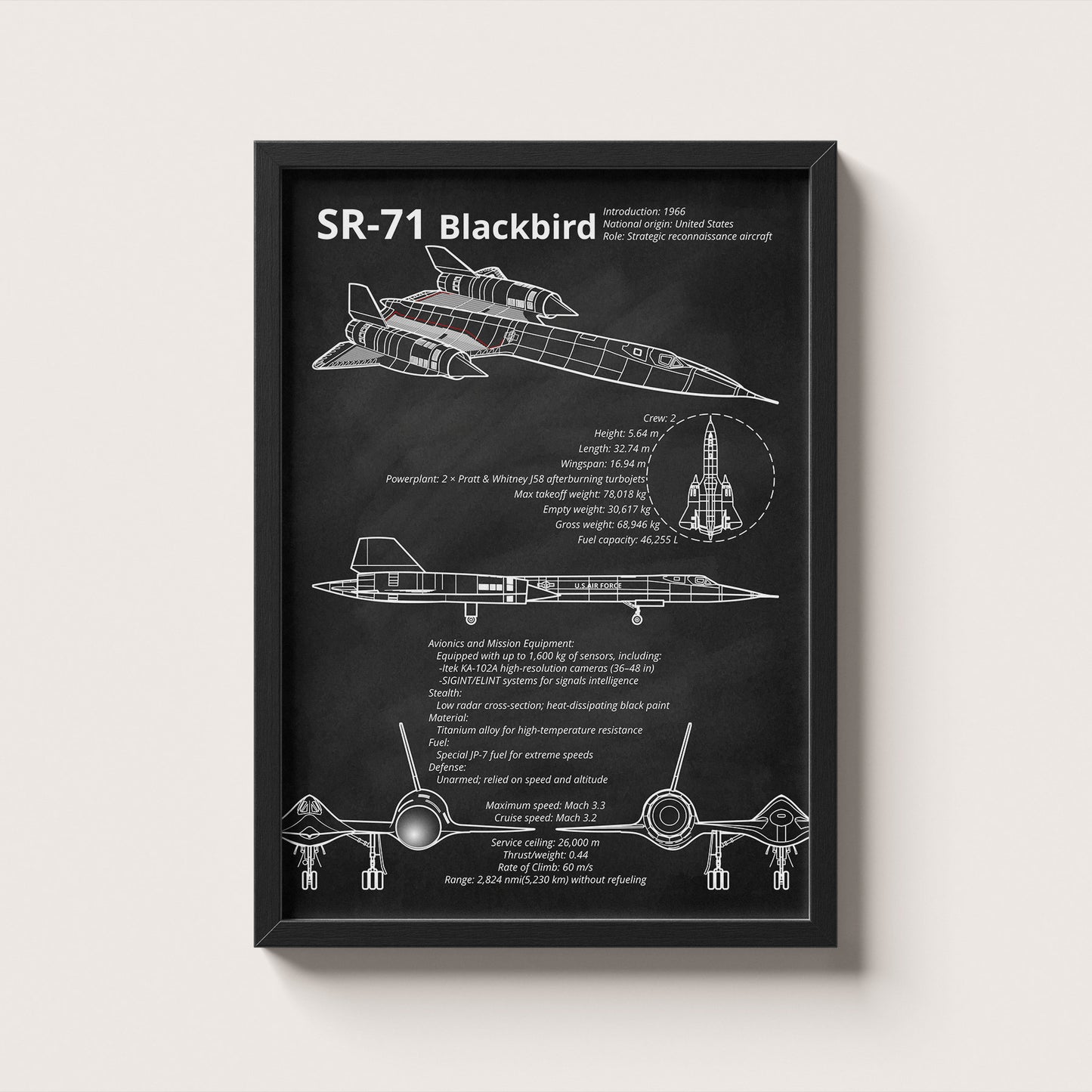 Framed SR-71 Blackbird blueprint poster hanging on wall – aviation wall art