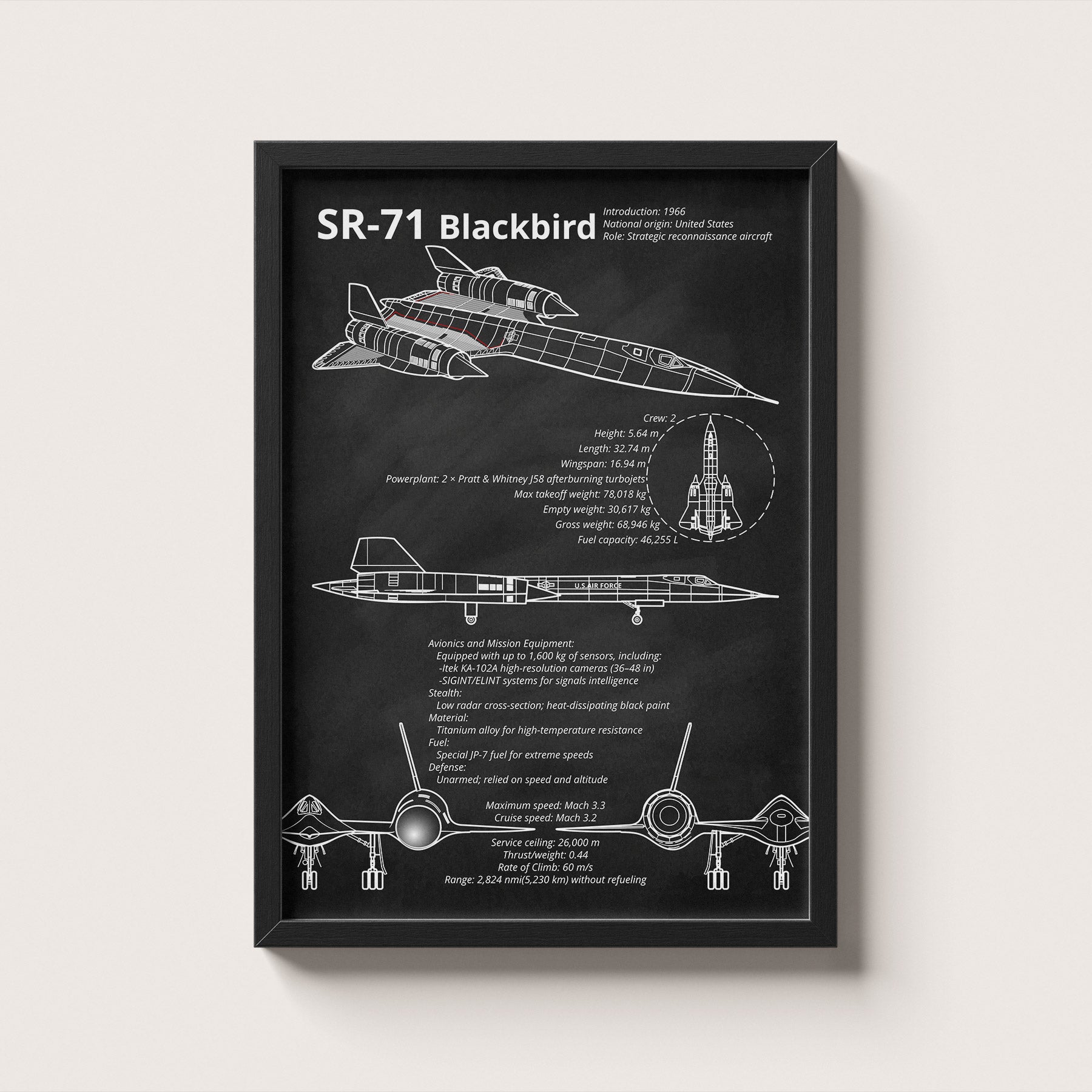Framed SR-71 Blackbird blueprint poster hanging on wall – aviation wall art