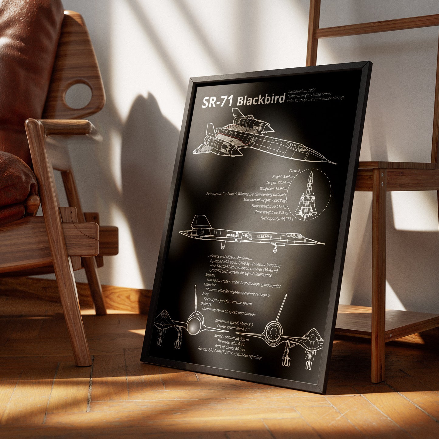 Framed SR-71 Blackbird blueprint leaning against chair – modern aviation decor