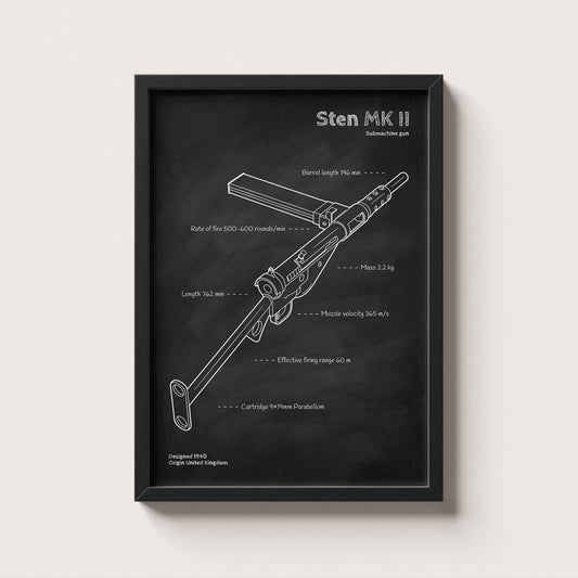 Framed black and white blueprint of a Sten MK II submachine gun on a light gray background