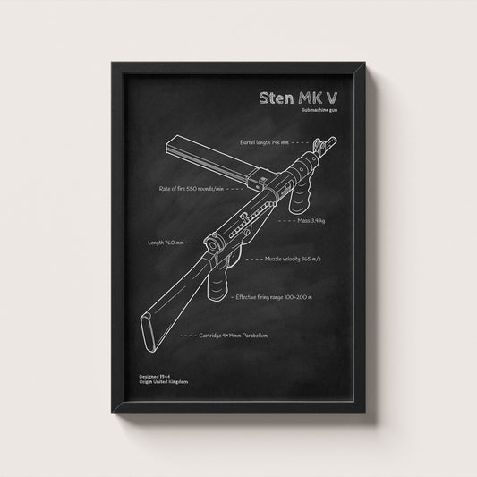 Framed blueprint of a Sten Mk V submachine gun on a white background