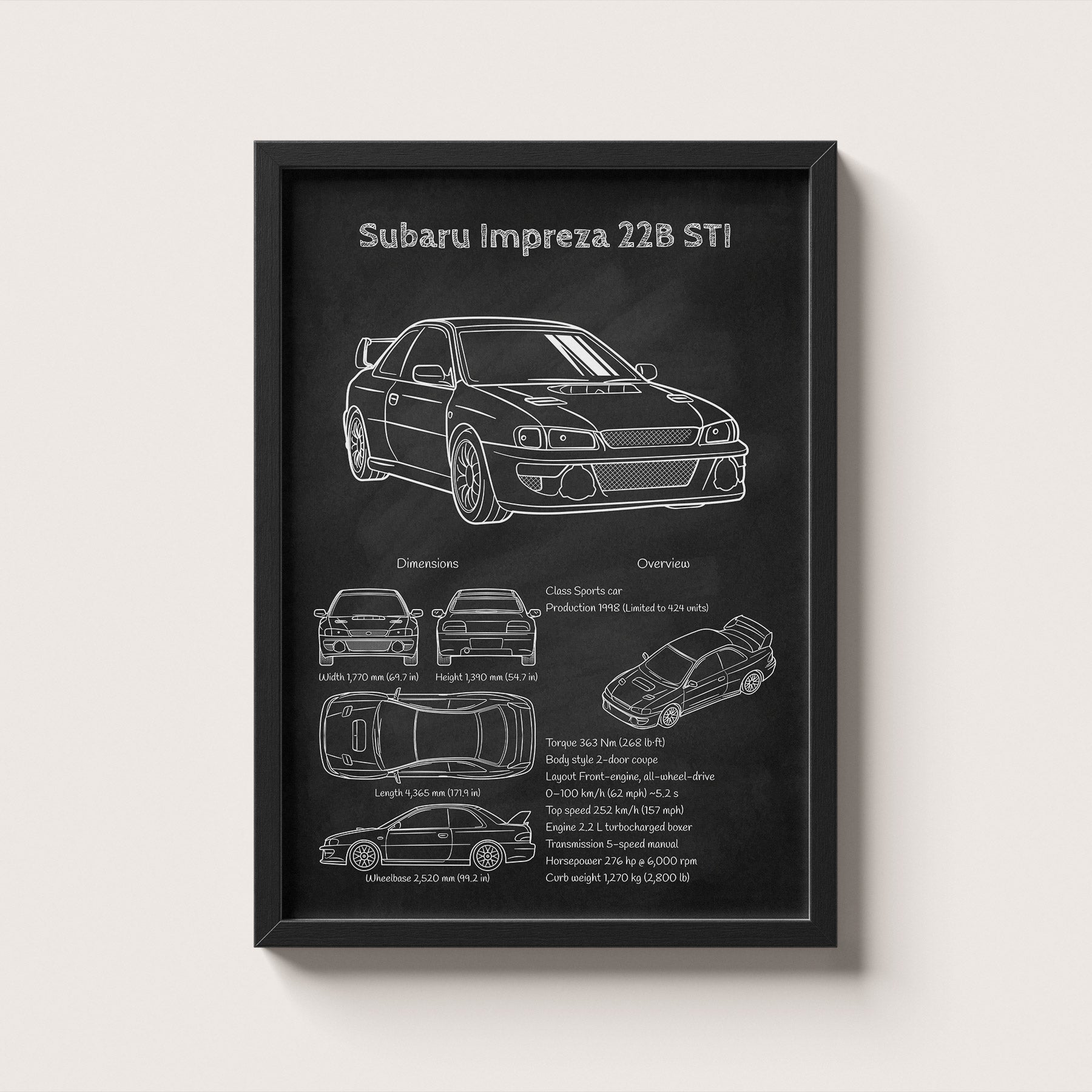Framed poster of a Subaru Impreza 22B STI with technical drawings and specifications on a white background.