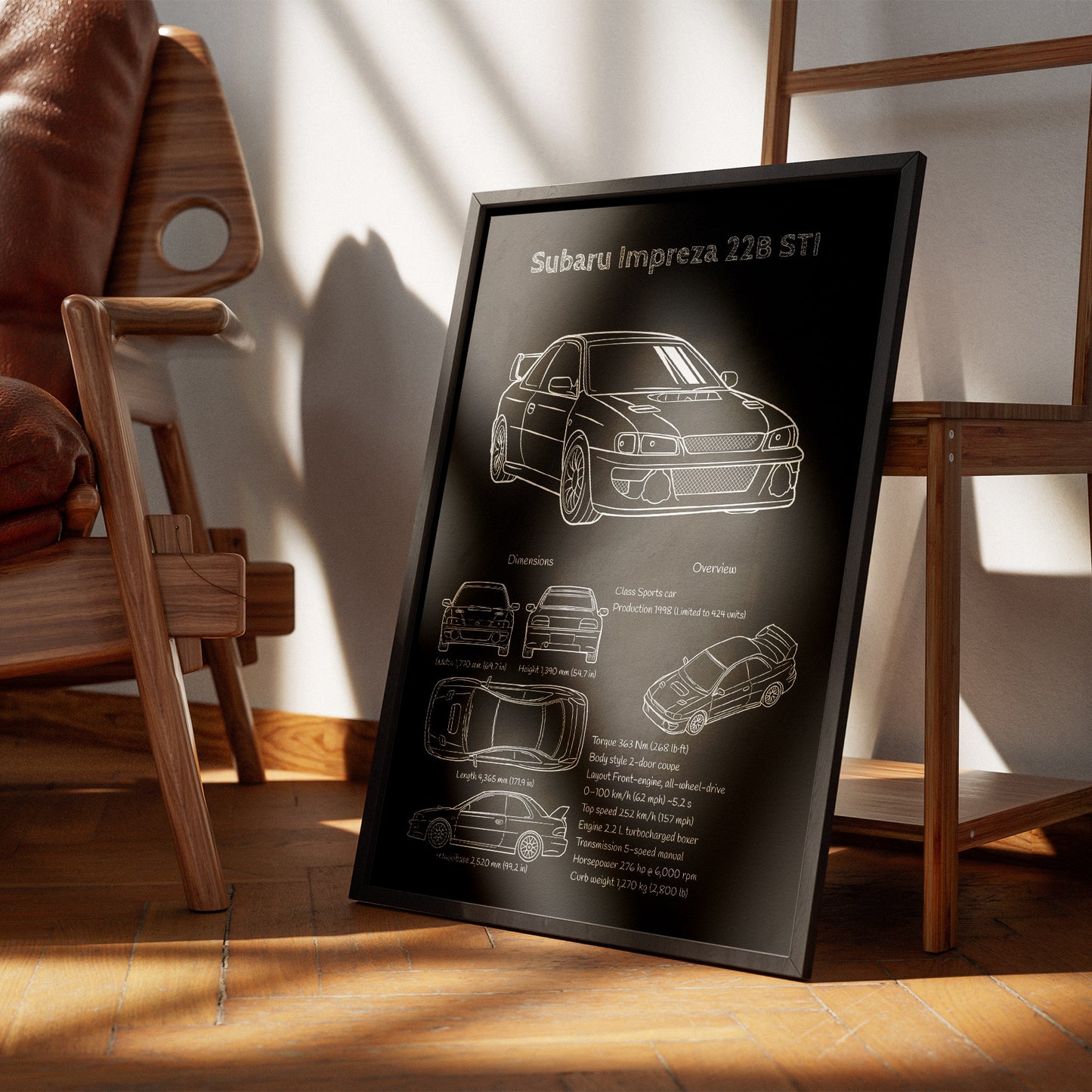 Framed Subaru Impreza 22B STI blueprint on a wooden floor with a chair and table in the background