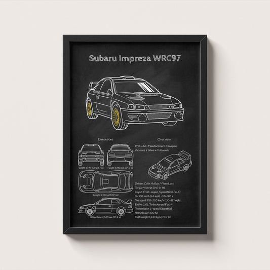 Framed poster of Subaru Impreza WRC97 with technical drawings and specifications on a white background.