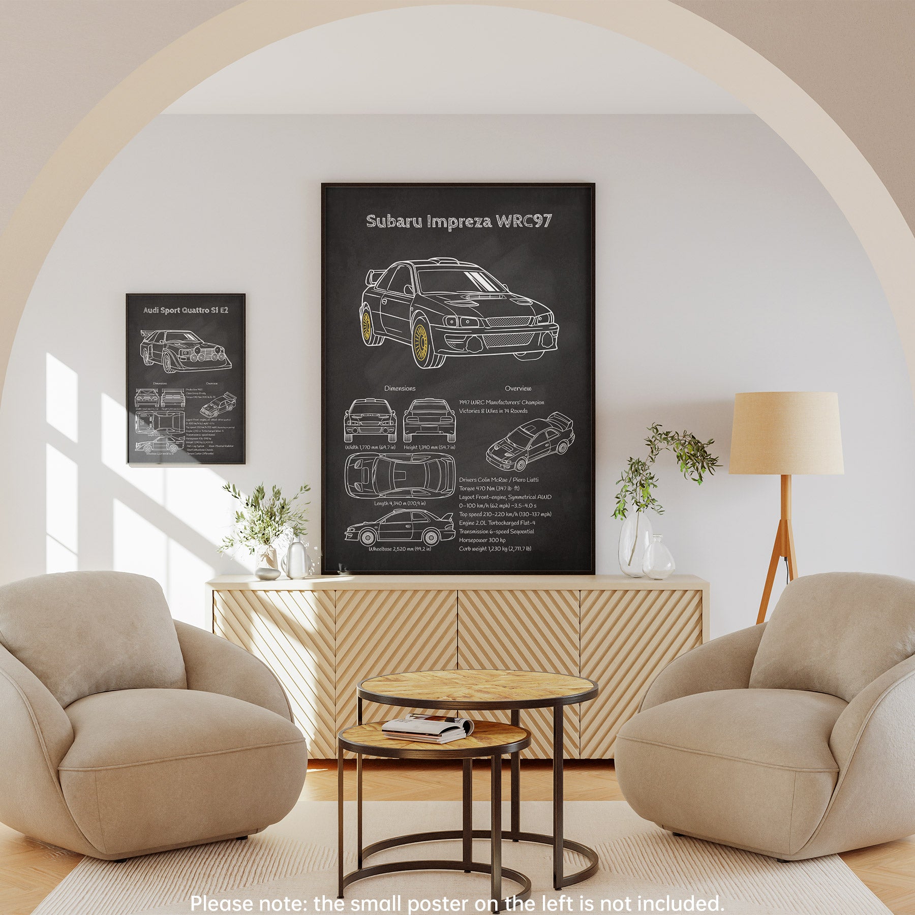 Framed Subaru Impreza WRC97 blueprint displayed in modern living room – classic car enthusiast decor