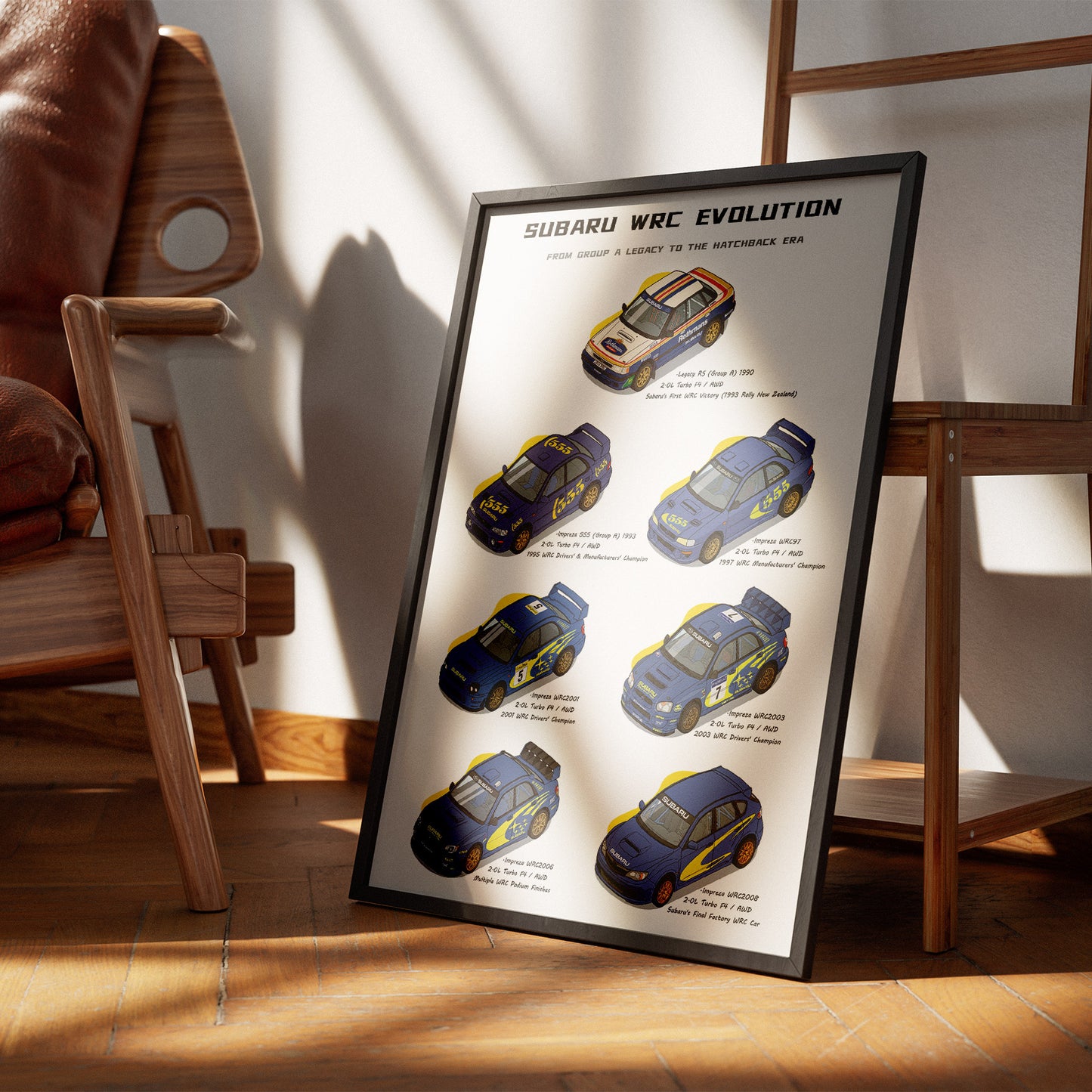 A framed Subaru WRC Evolution poster leaning against a wooden chair in a sunlit room with wood floors and a leather chair visible.