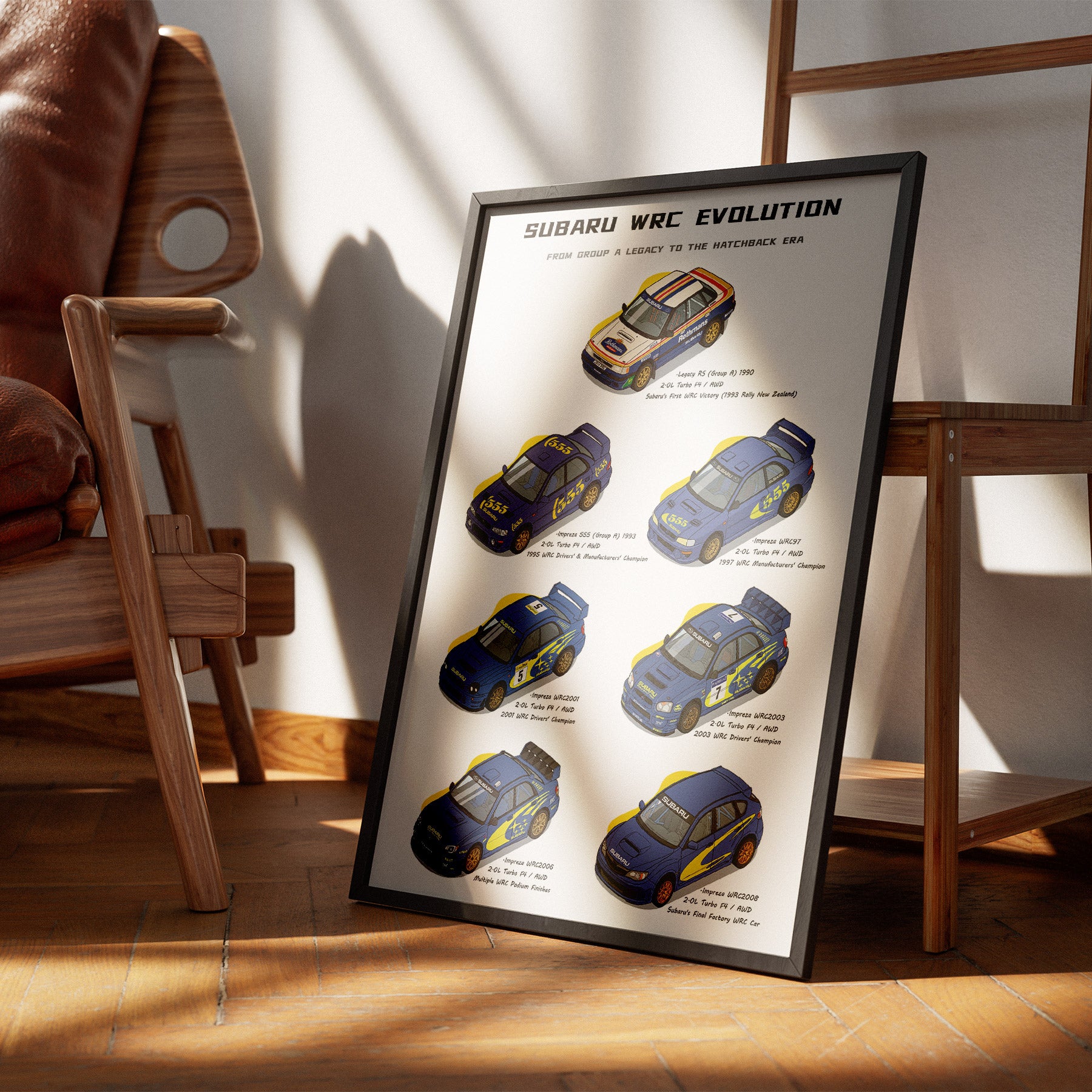 A framed Subaru WRC Evolution poster leaning against a wooden chair in a sunlit room with wood floors and a leather chair visible.