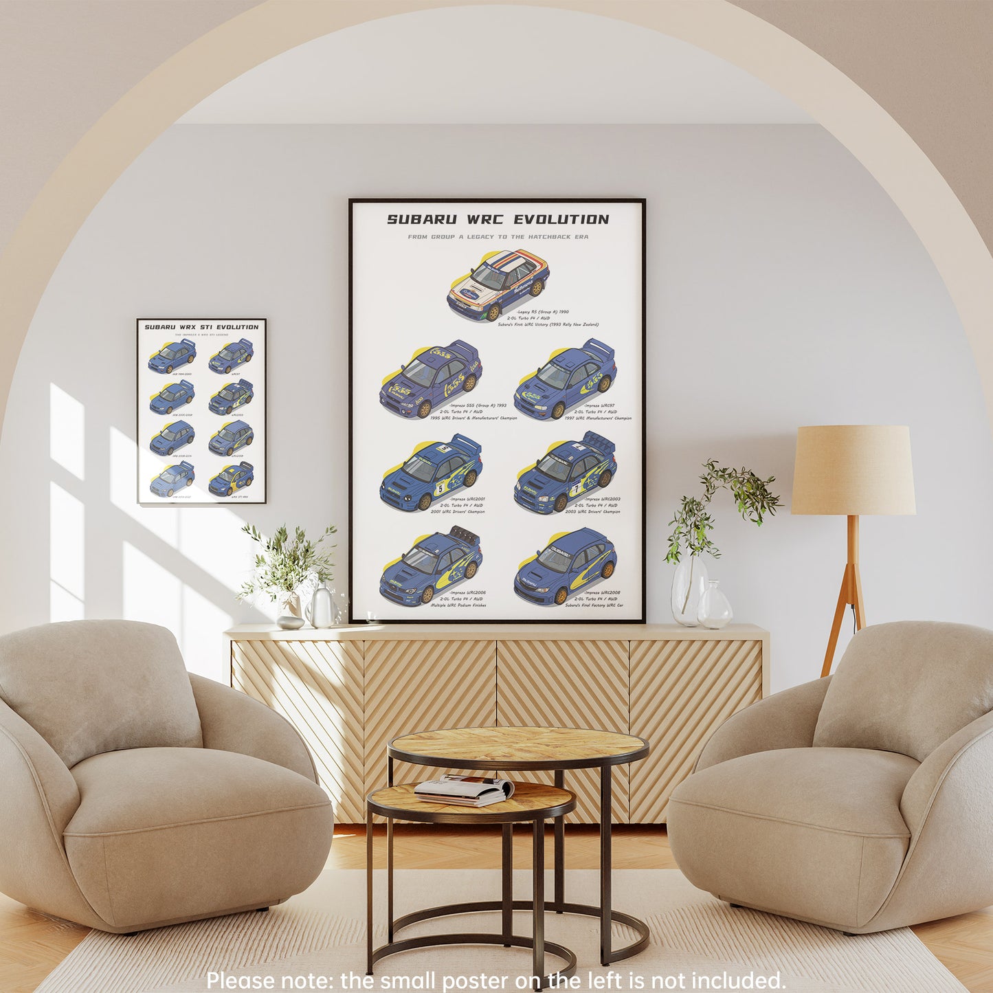 A framed Subaru WRC Evolution poster is displayed in a modern living room setting, mounted on a light gray wall above a wooden cabinet between two beige armchairs.