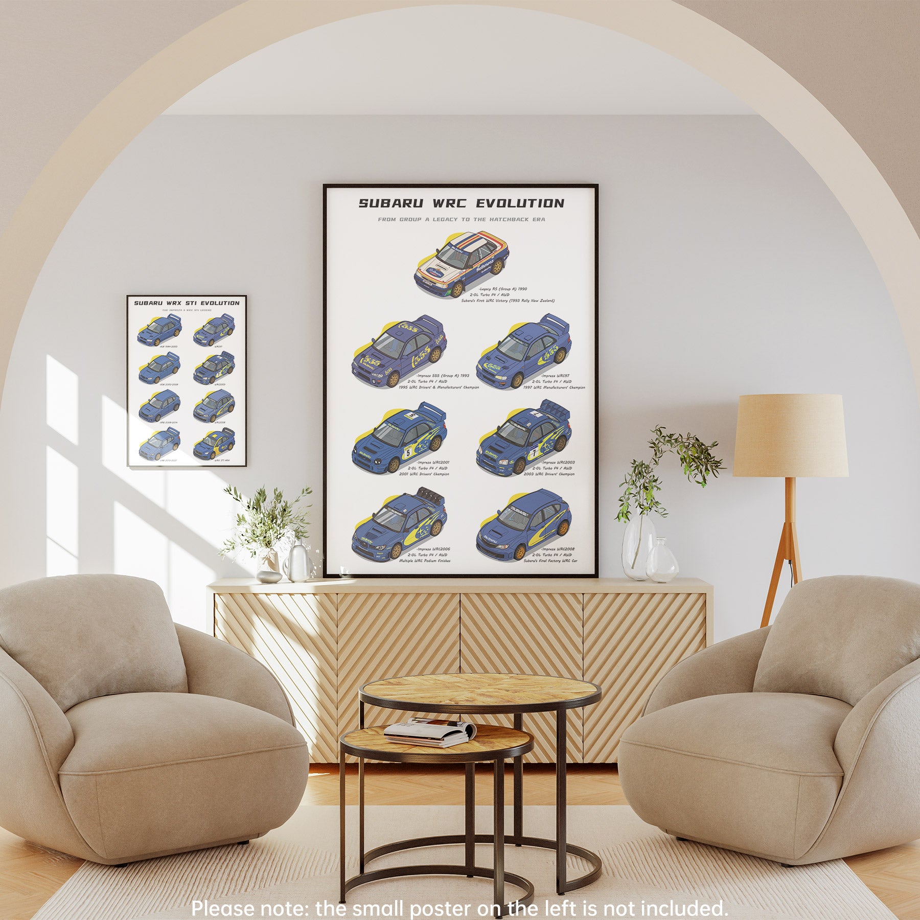 A framed Subaru WRC Evolution poster is displayed in a modern living room setting, mounted on a light gray wall above a wooden cabinet between two beige armchairs.