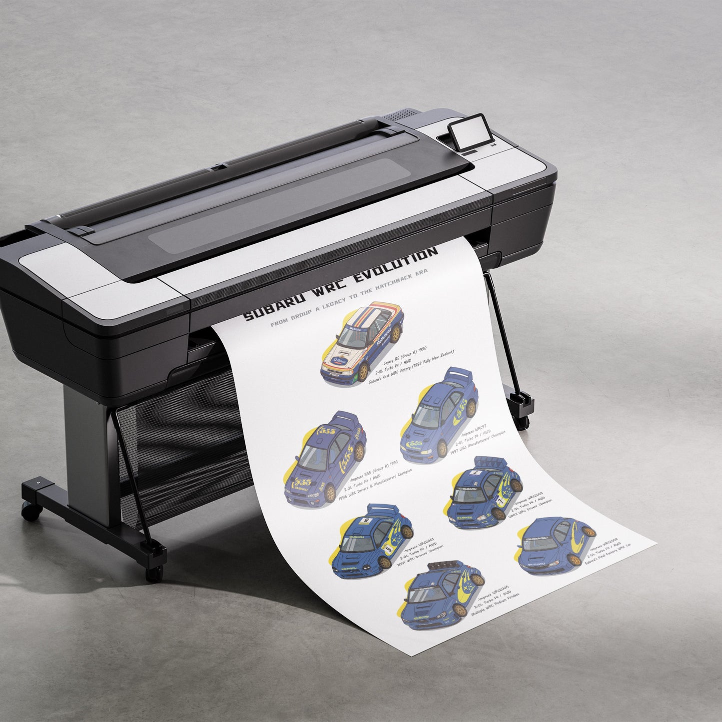 A large black and silver wide-format printer on a stand, printing a long sheet of paper with illustrated race cars and the text 'SUBARU WRC EVOLUTION' on a gray studio floor.