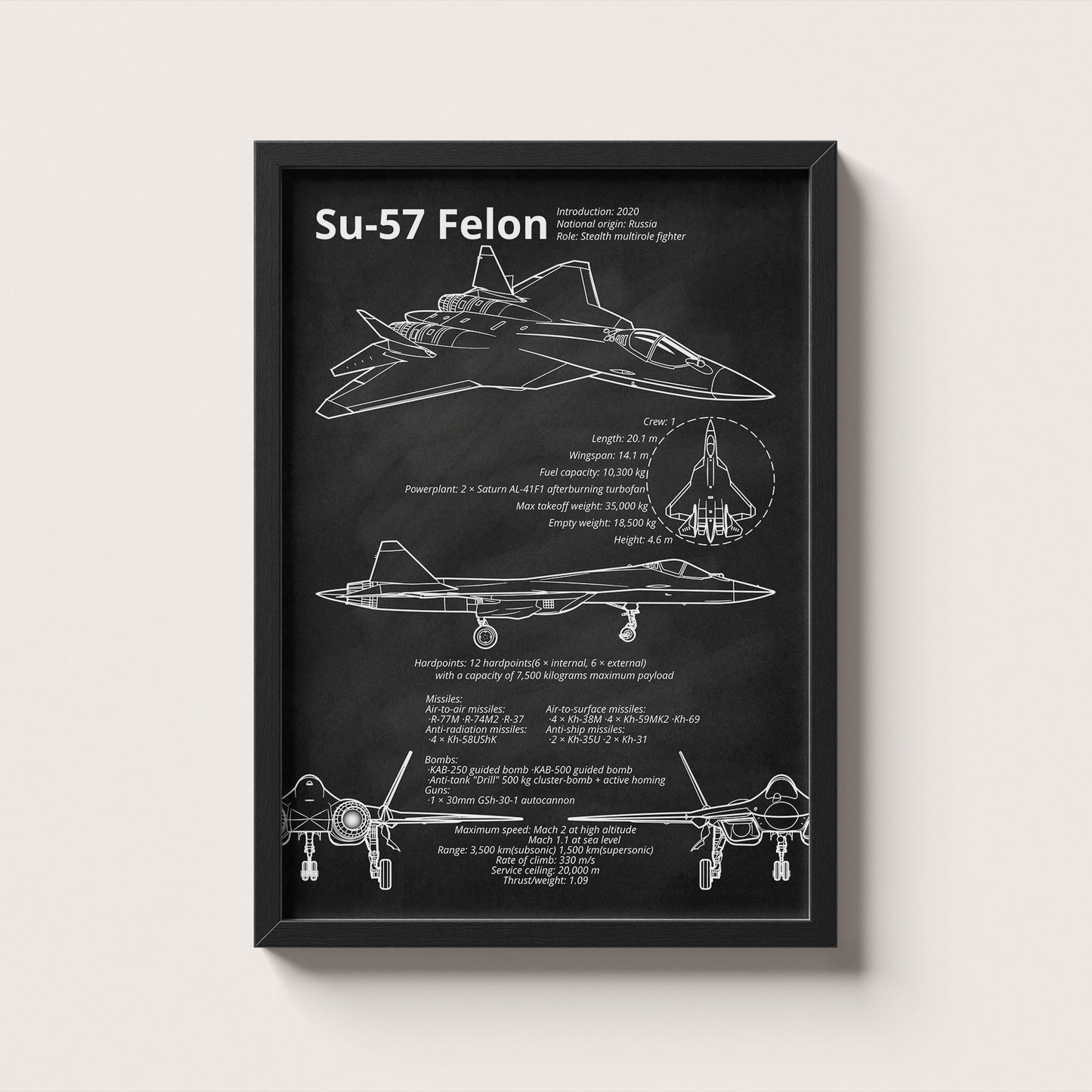 Framed Sukhoi Su-57 blueprint poster hanging on wall – aviation wall art