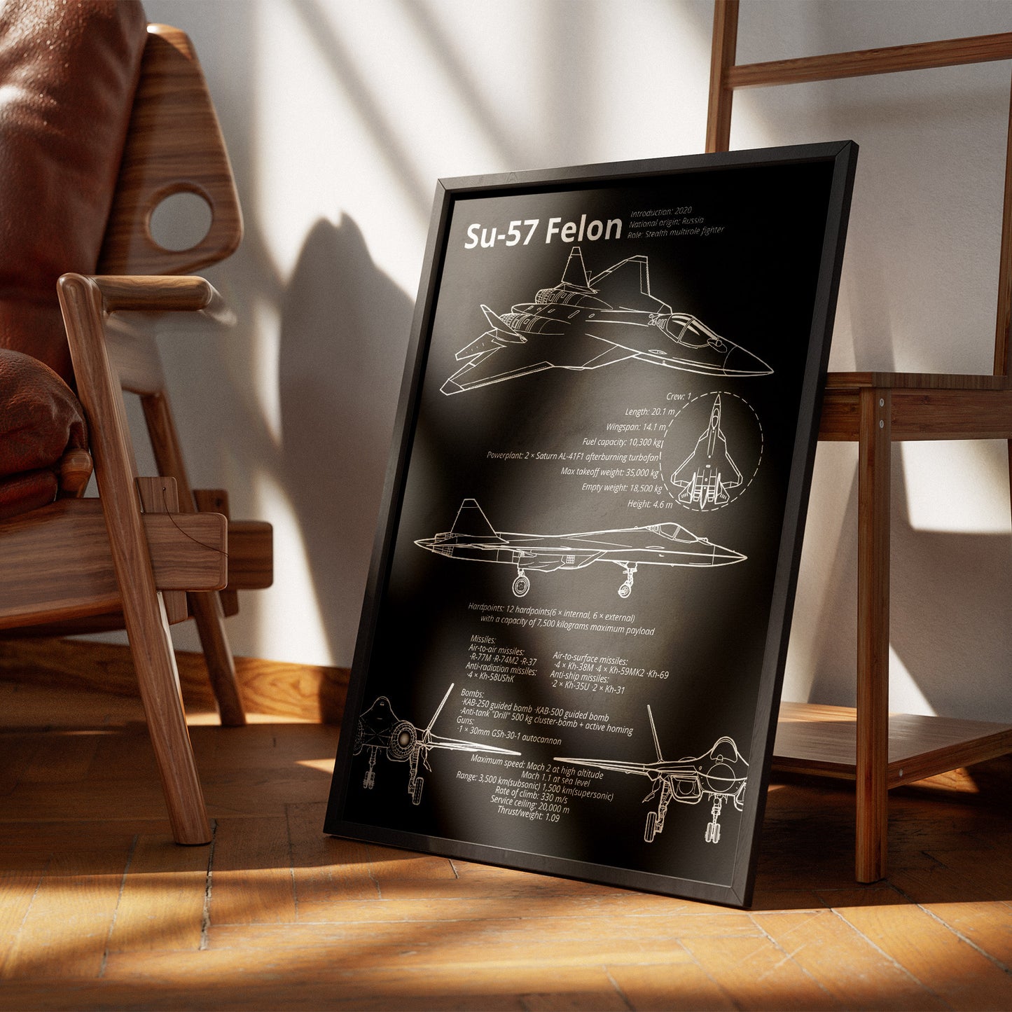 Framed Sukhoi Su-57 blueprint leaning against chair – modern aviation decor