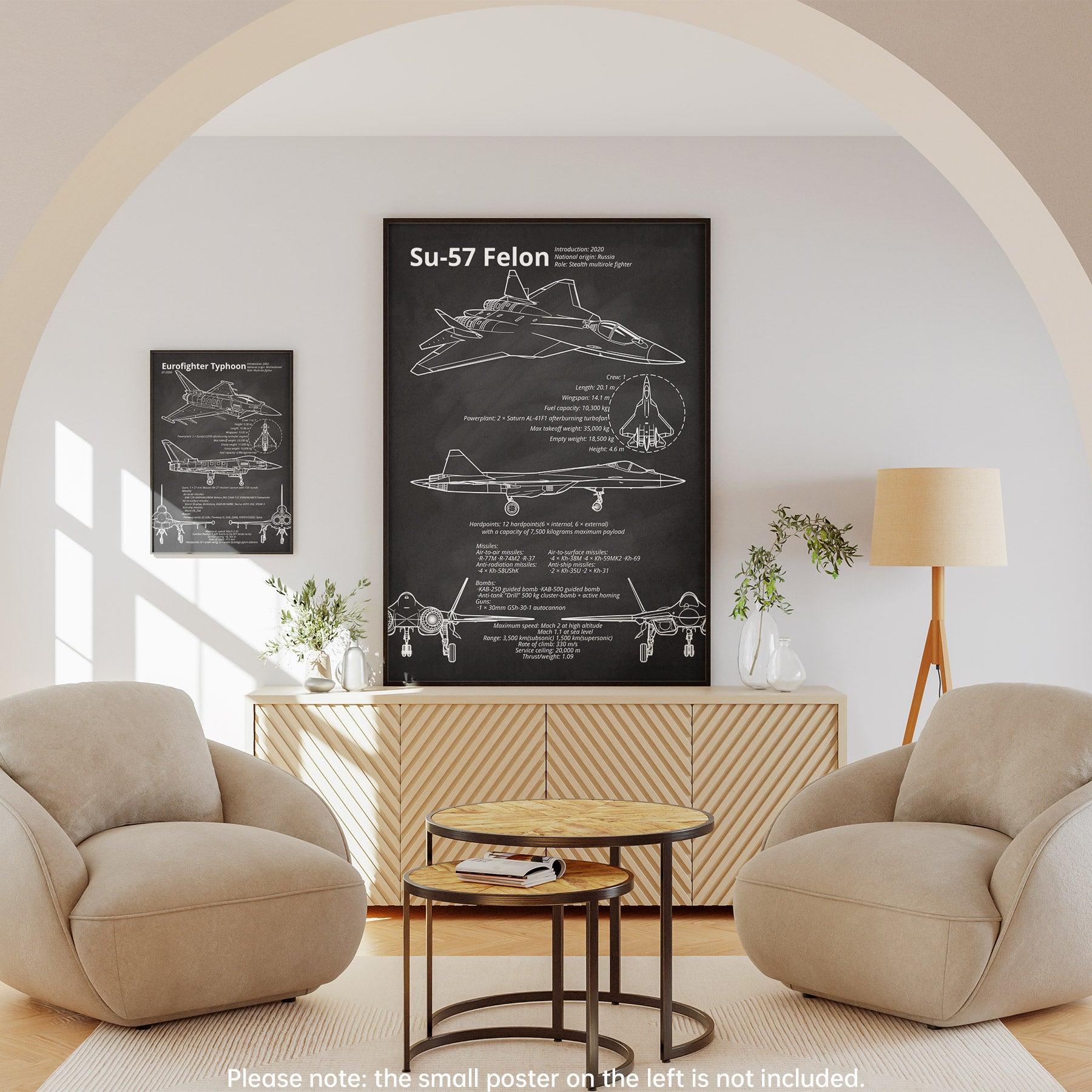 Sukhoi Su-57 framed blueprint displayed in living room – military aviation poster