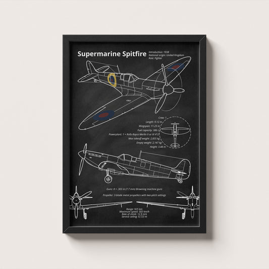 Framed Supermarine Spitfire blueprint poster hanging on wall – aviation wall art