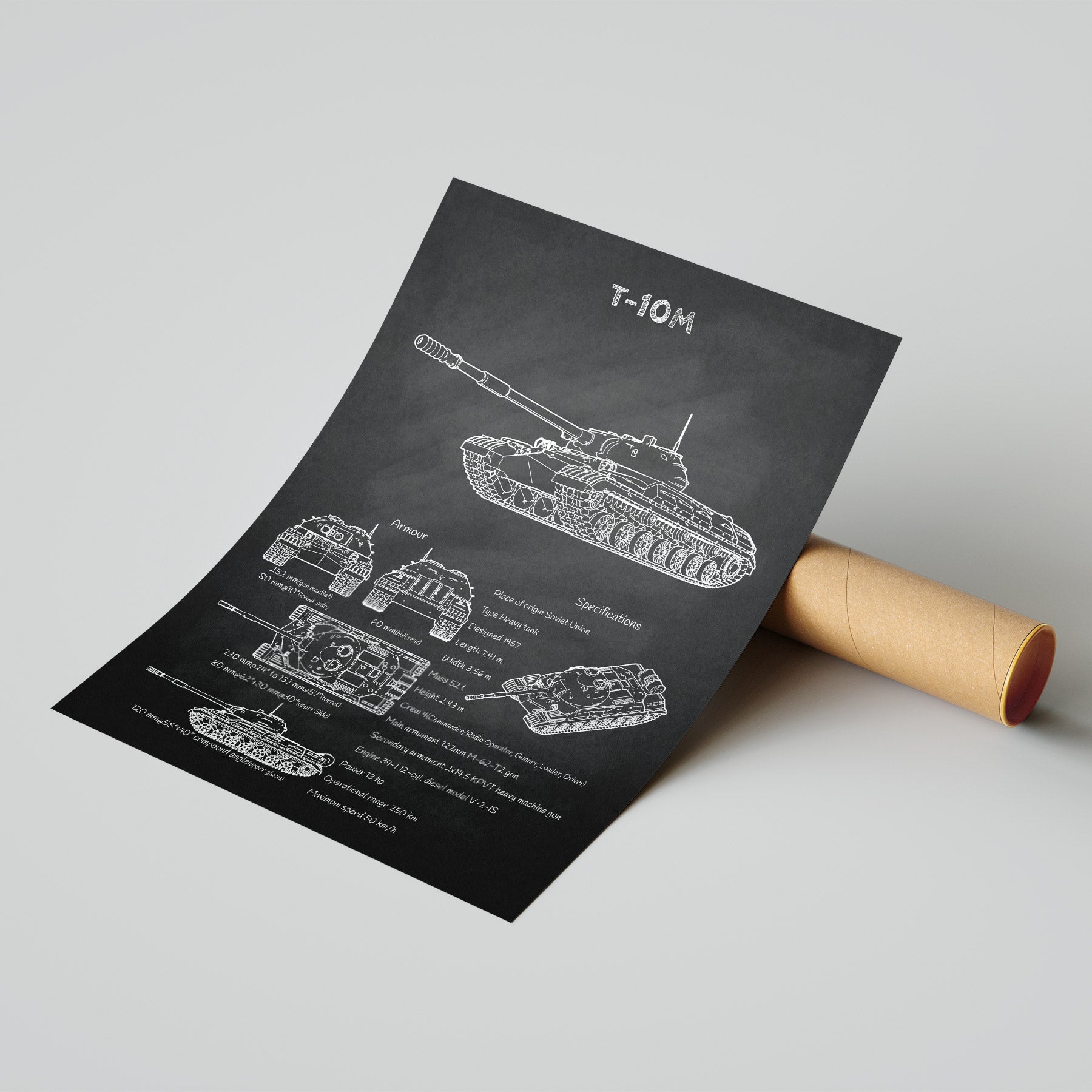 T-10 tank blueprint print leaning on shipping tube – ready to ship military poster