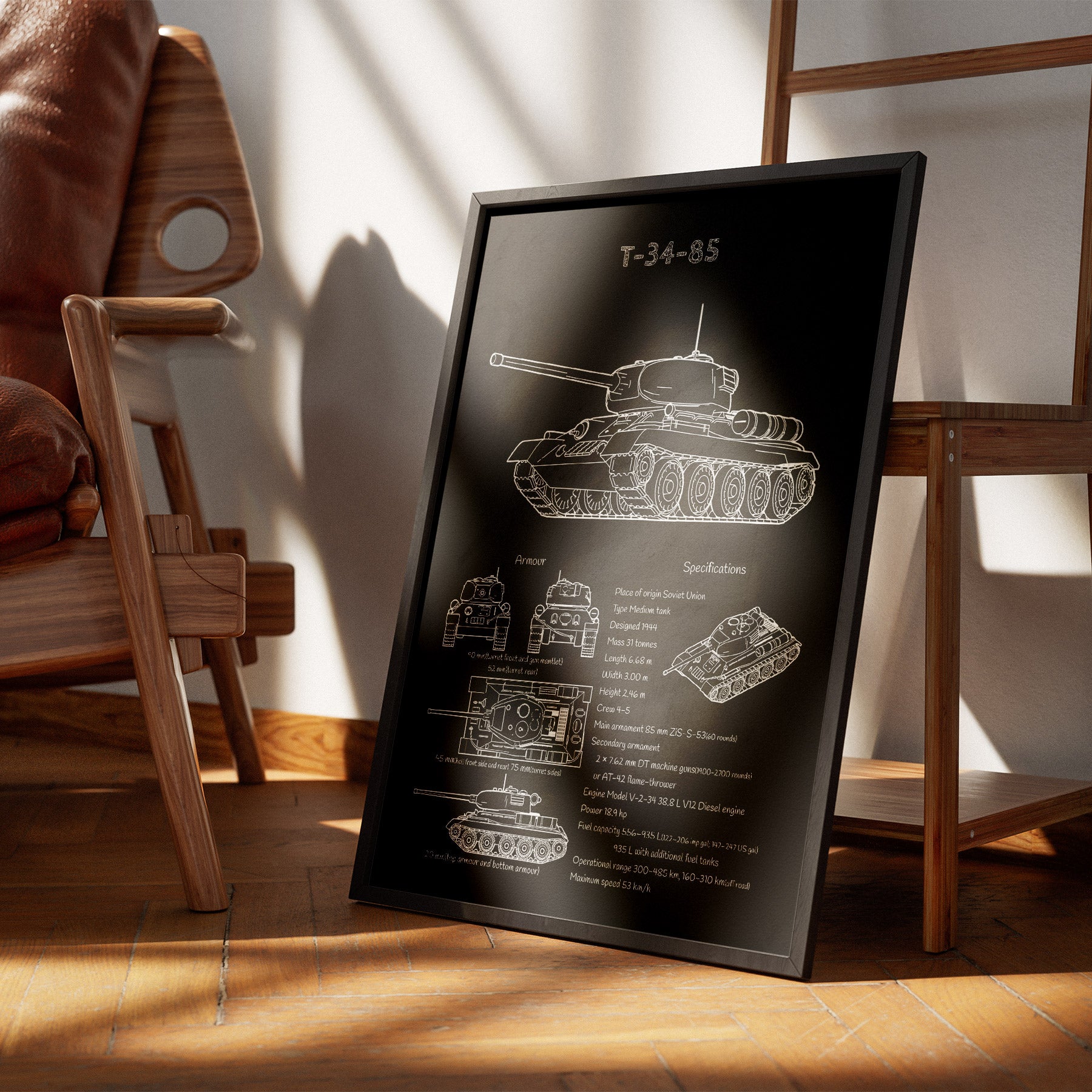 T-34-85 tank blueprint poster leaning beside a chair – tank wall art in casual setting