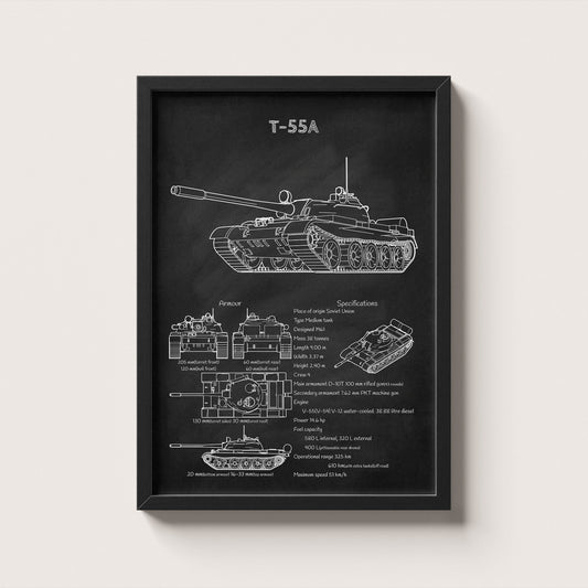 Framed T-55 tank blueprint poster hanging on wall – military wall art for home or office