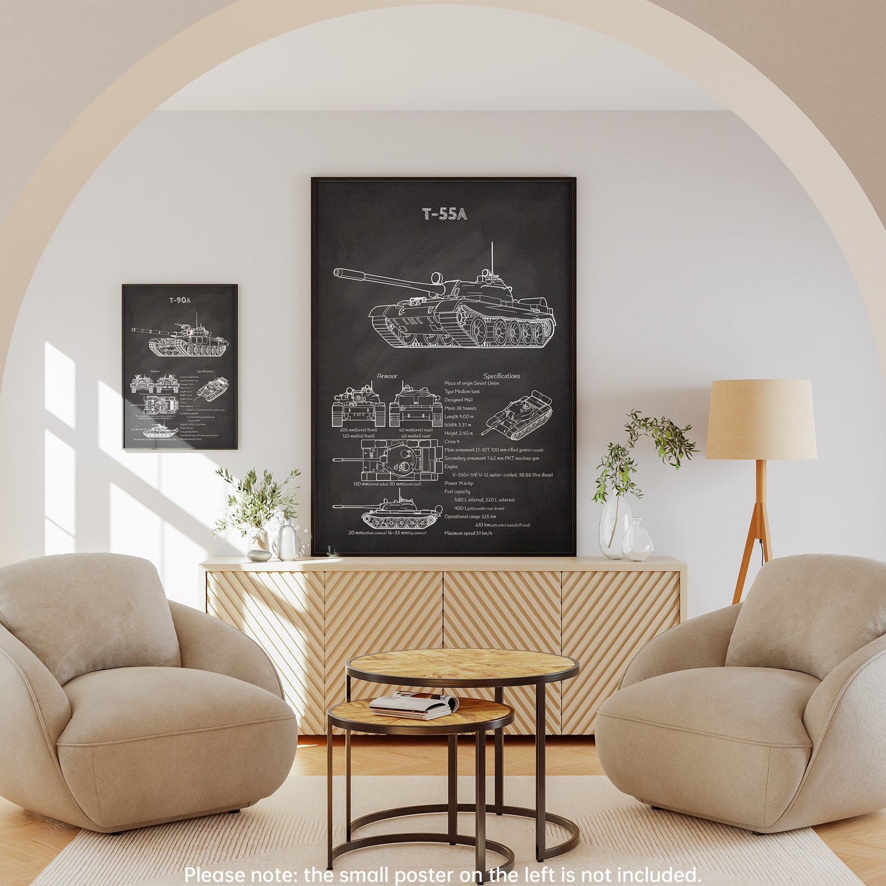 Framed T-55 tank blueprint displayed in living room – military decor